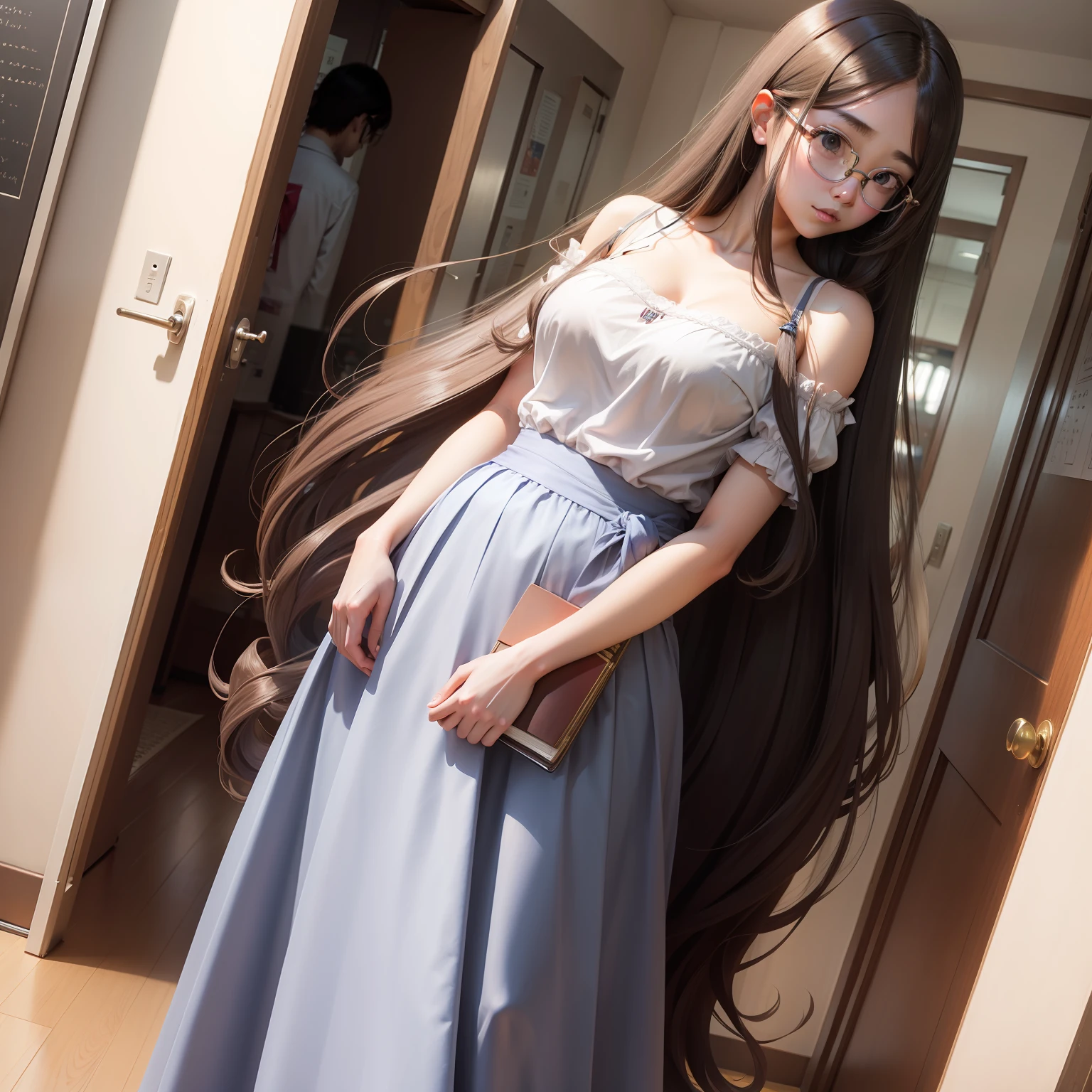 Super long hair shoulder out、long  skirt、Colossal tits、 High school students、eye glasses