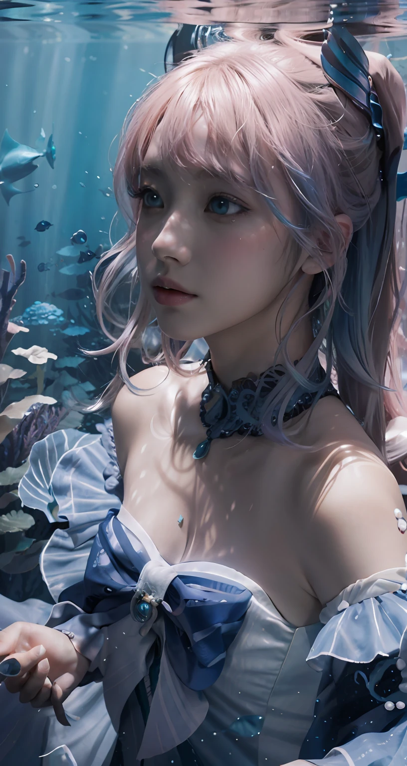 ocean floor，Deep，a plant，airbubble，Fantastic art style，Underwater world