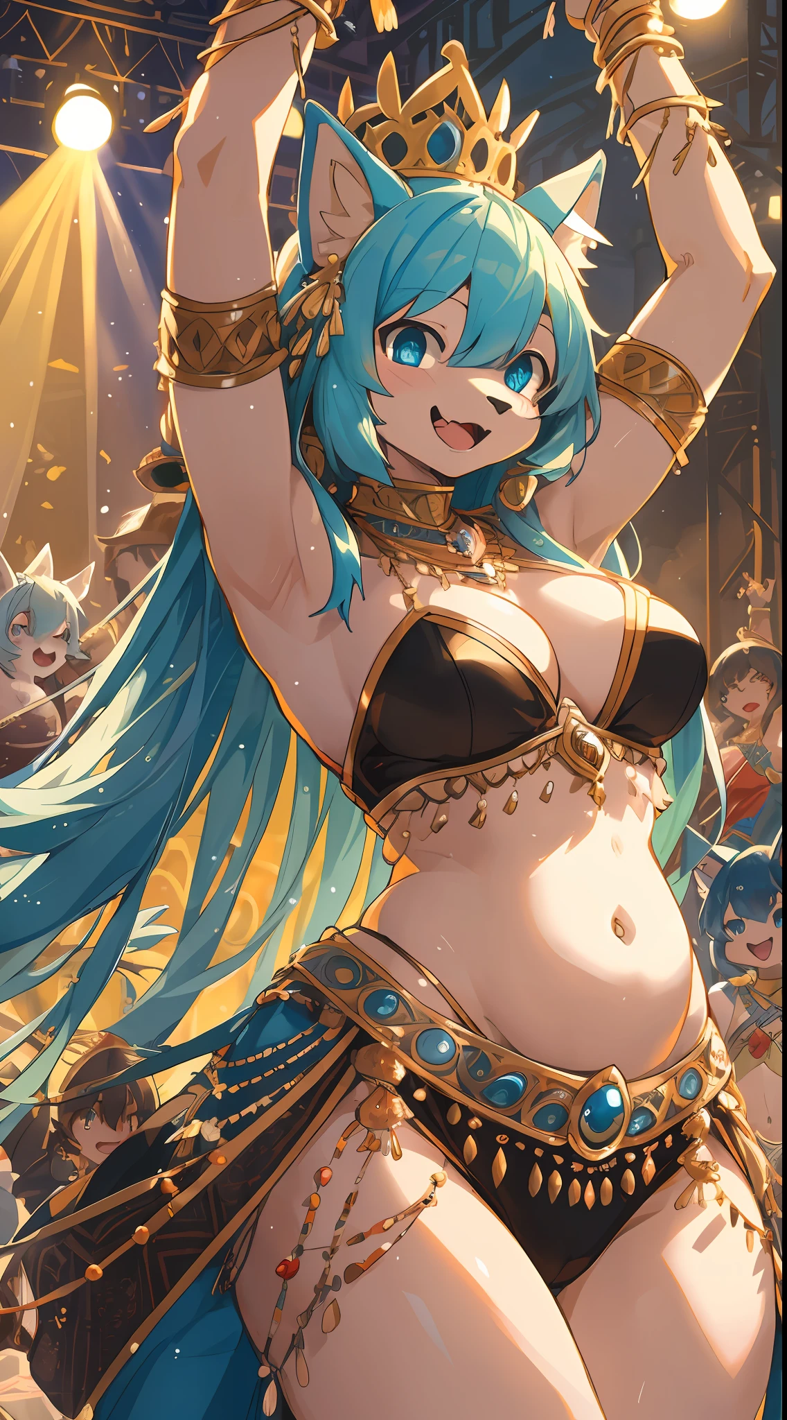 top quality, best quality, High-quality illustrations, masterpiece, super high resolution, detailed background, detailed background, Belly dancer, Raqs Sharqi, stage, Spotlight, group shot:0.5, 6+boys, 6+girls, Happy, joyful, absurdres(highly detailed beautiful face and eyes)perfect anatomy(kemono, furry anthro),