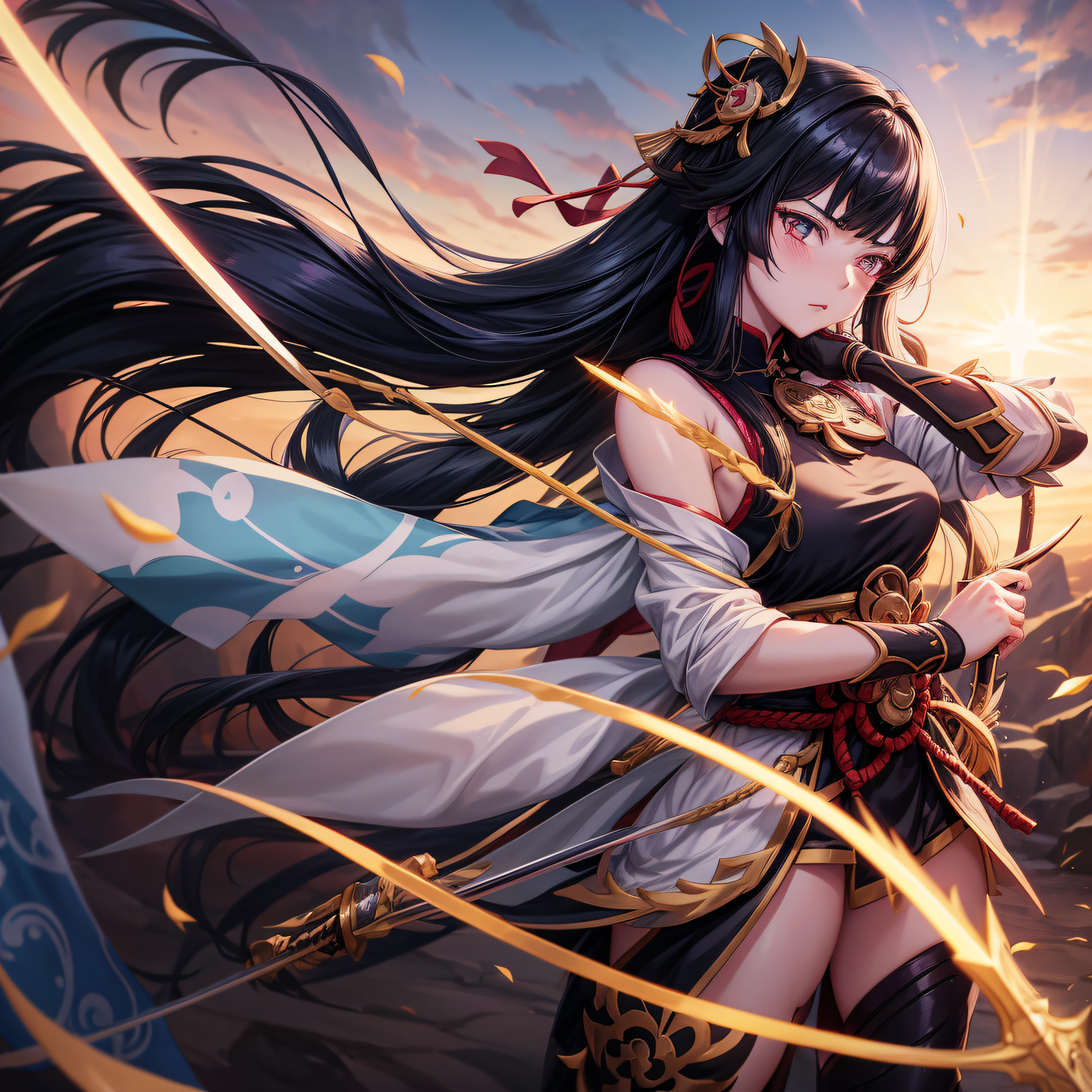 anime girl with long black hair holding a sword in her hand, ayaka genshin impact, holding a sword on her shoulder, ayaka game genshin impact, marin kitagawa fanart, hanayamata, cushart krenz key art feminine, keqing from genshin impact, anime girl with a bow and arrow, yandere intricate