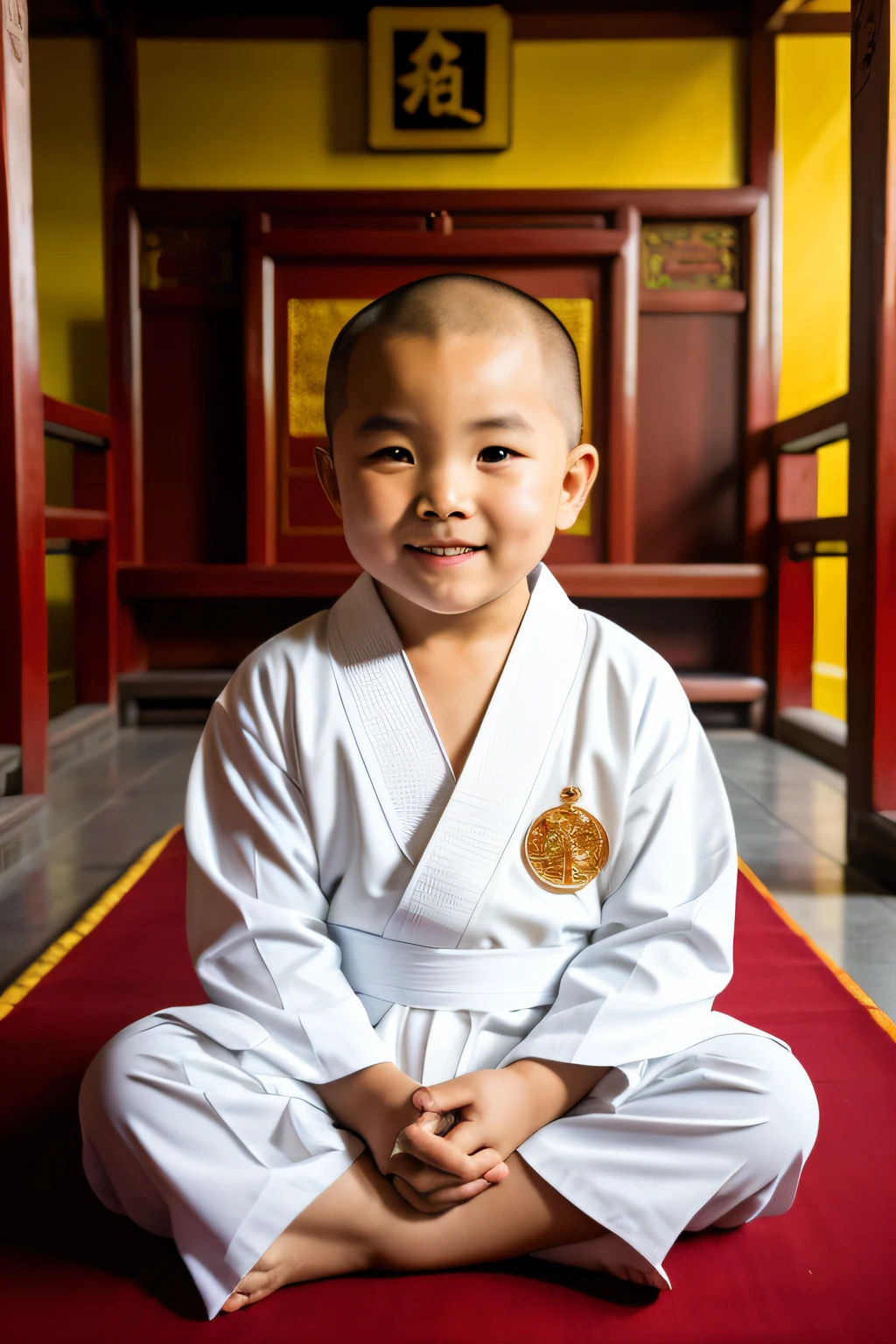 A -yead Chie monk，with a round face，The robe of the white monk，ssmile，Sit cross-legged，in a temple，of a real，8K,Photorealsitic，Disney  style