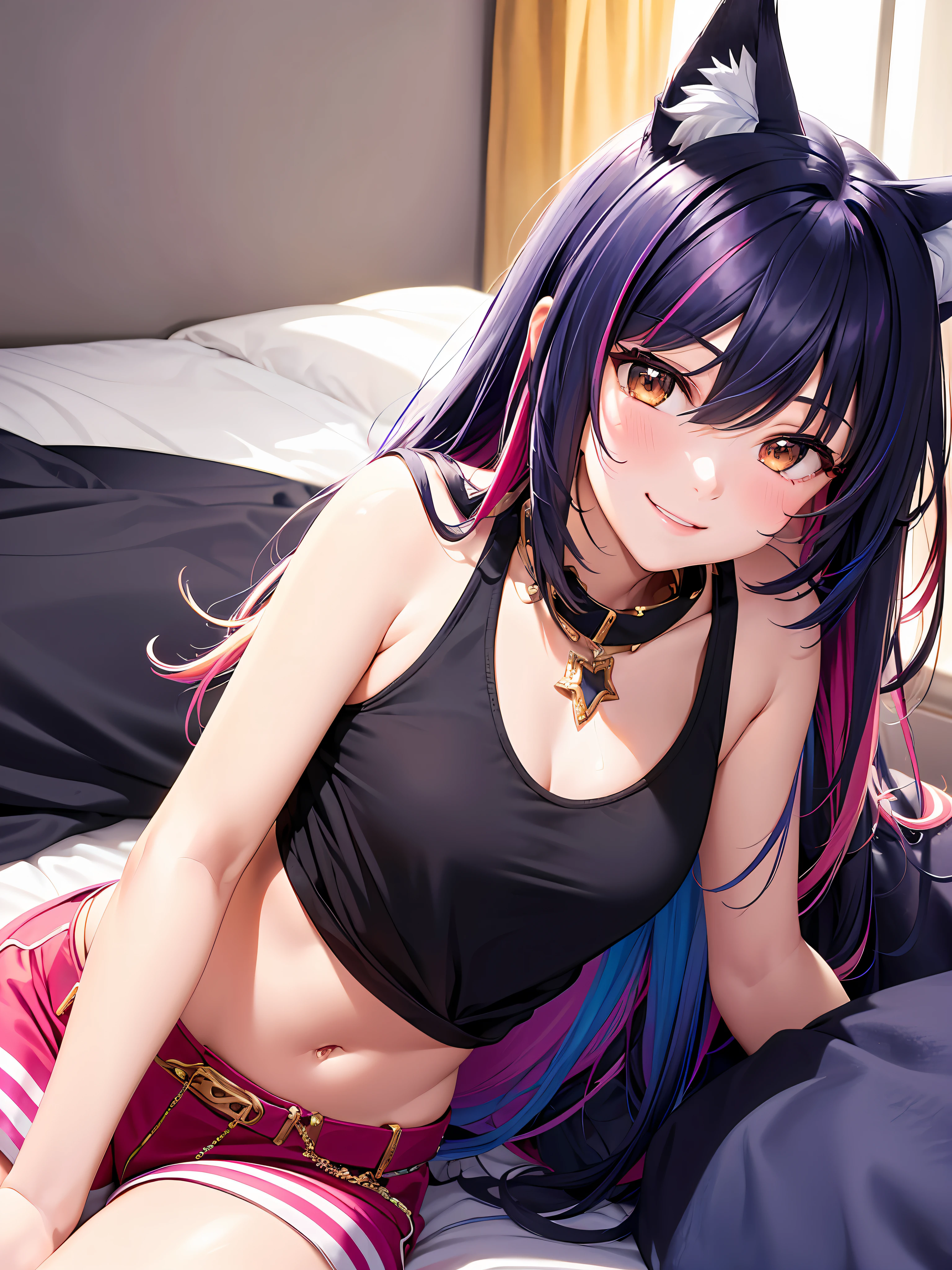 Close up, upper body, 1 girl, smile, wolf ears, wolf tail, random eyes: 10, hair between eyes, split color hair: 5, (((Colorful hair color: 1))))), (((Random hair color: 1)))), Colorful hairstyle: 5, Striped hair, Long hair, hair end jewels, (Cute random Cadeza tank top: 5 random hot pants figure in 5Cute interior with super luxurious bedroom with jewels, AI: 5, (on the bed: 15), laughing embarrassingly looking at the viewer: 15), jewels, AI super luxurious bedroom: 15), blush, night landscape,