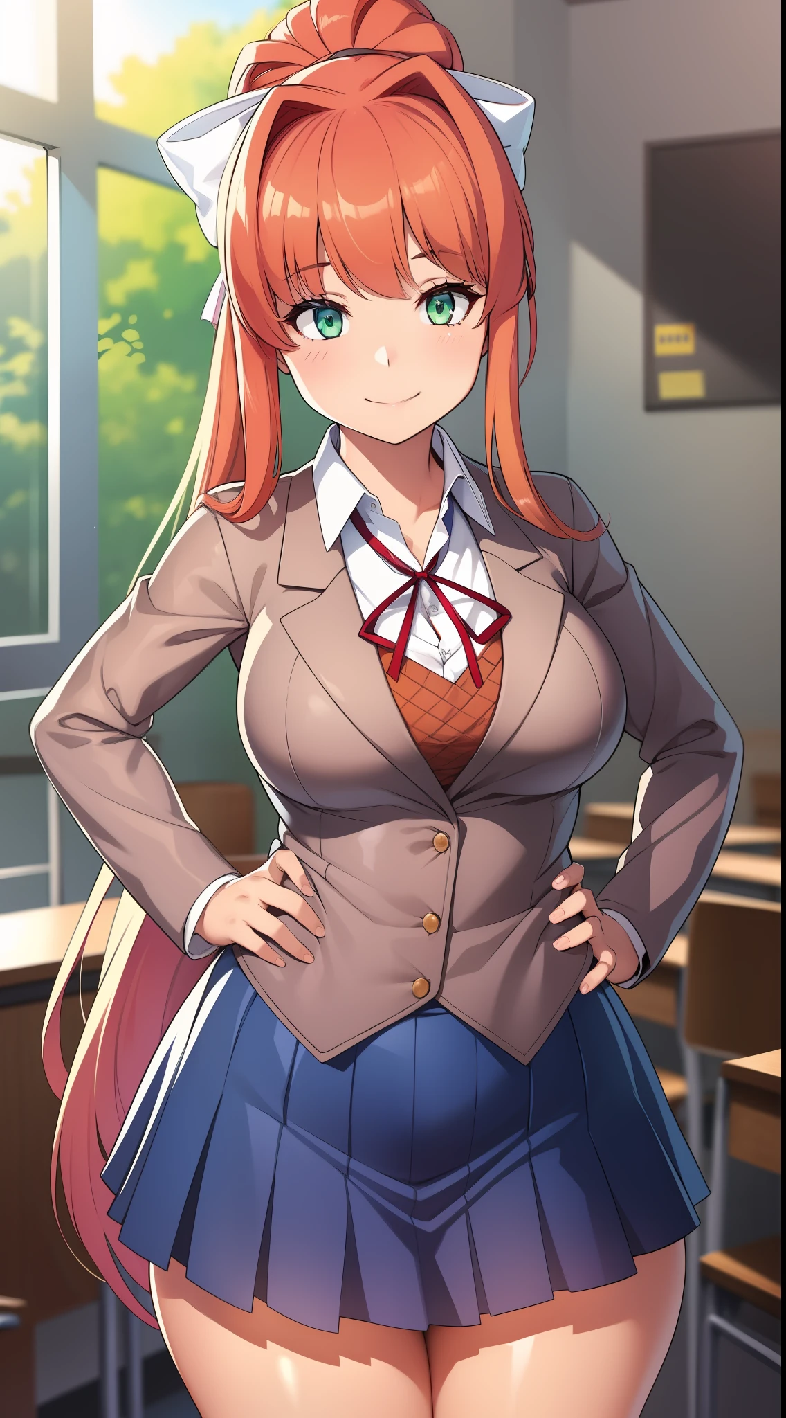 (((kipteitei art))), Masterpiece, high quality, best quality, beautiful, HD, perfect lighting, detailed face, detailed body, ultra cute face, ((1girl)), ((solo)), Monika, green eyes, very long hair, ponytail, white bow, school uniform, blazer, brown sweater, collared shirt, neck ribbon, blue skirt, school classroom, looking at viewer, cowboy shot, sweet smile,  affectionate, in love with viewer, 4th wall break, medium breasts, perky breasts, wide hips, thick thighs, hands on hip,