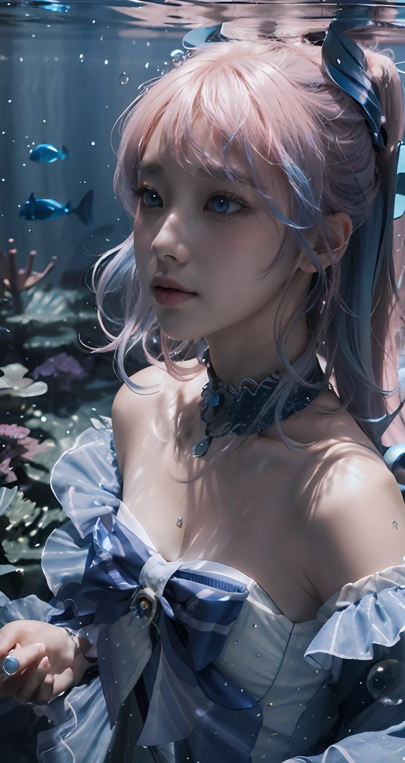 Cute Korean face,Innocent face,blue color eyes,A pink-haired,Blue hair ends,Qi bangs,Facial light and shadow,plain face,cinmatic lighting,Masterpiece, Super detail, High quality, High details, A high resolution, 4K, Award-Awarded,water bubbles,airbubble,Cinematic lighting, shadowing, filmgrain,,monochrome,escala cinza,a sketch,Realistic,Photorealistic,Bandeau off-the-shoulder dress,Oversized bow at chest,Light blue clothes,ocean floor,blue color eyes,There are small fish,Dark blue lace collar trim,closeup fantasy with water magic, cosplay, Guviz,airbubble,Guviz-style artwork,Underwater world,elegant floating pose, A pink-haired,Blue hair ends,cinmatic lighting,Masterpiece, Super detail, High quality, High details, A high resolution, 4K, Award-Awarded,water bubbles,airbubble,Cinematic lighting, shadowing, filmgrain, Artistic portrait of a girl,Gorgeous light and shadows,monochrome,escala cinza,a sketch,Realistic,Photorealistic,Cute Korean face,Innocent face,Facial light and shadow,plain face,Light blue skirt