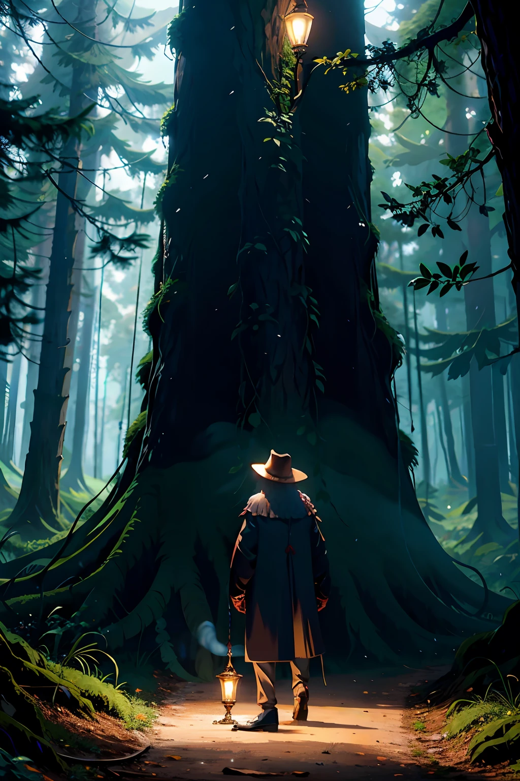 Velho segurando um candelabro, circunstanciado, atmosfera mista, magical ambiance, fundo da floresta, Background tree