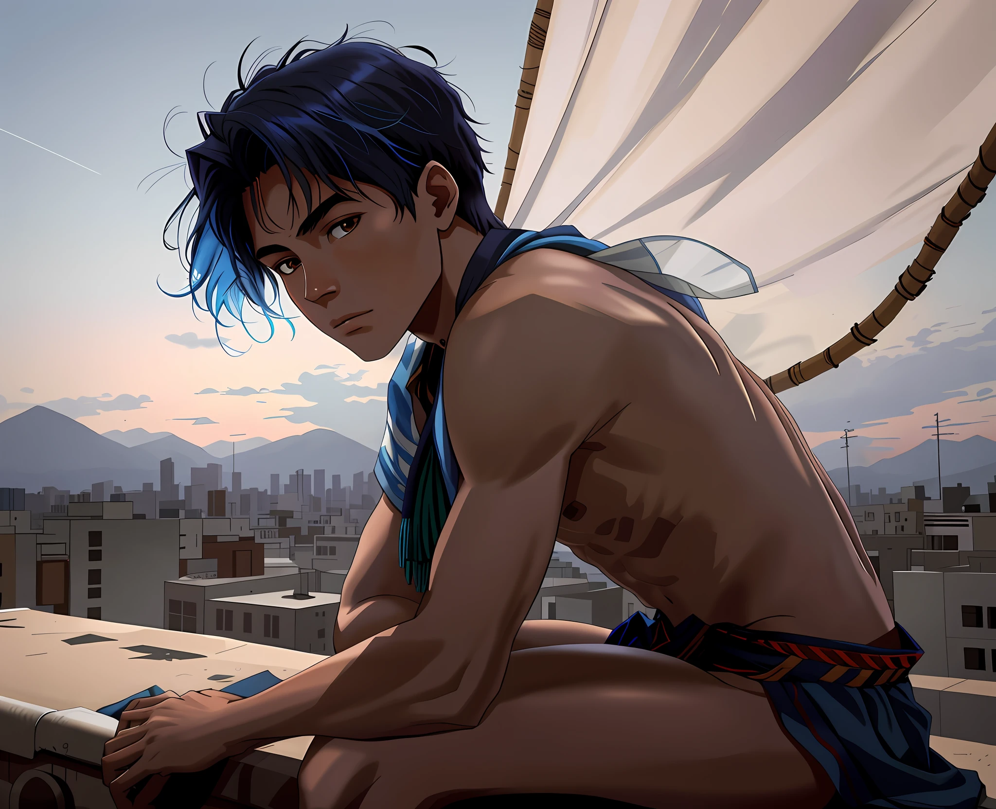 A 15-year-old boy with blue hair stands on the fifth floor on the roof of the high school looking at a city in the distance...............From above he looks at a city with his back to the viewer 15-year-old man has no shirt has a naked torso his hair is straight long Latin skin copper mestizo face, tiene traje tribal africano esta en el tejado de la secundaria mirando una cercana ciudad mira con miedo pensativo, (tercer plano cuerpo completo