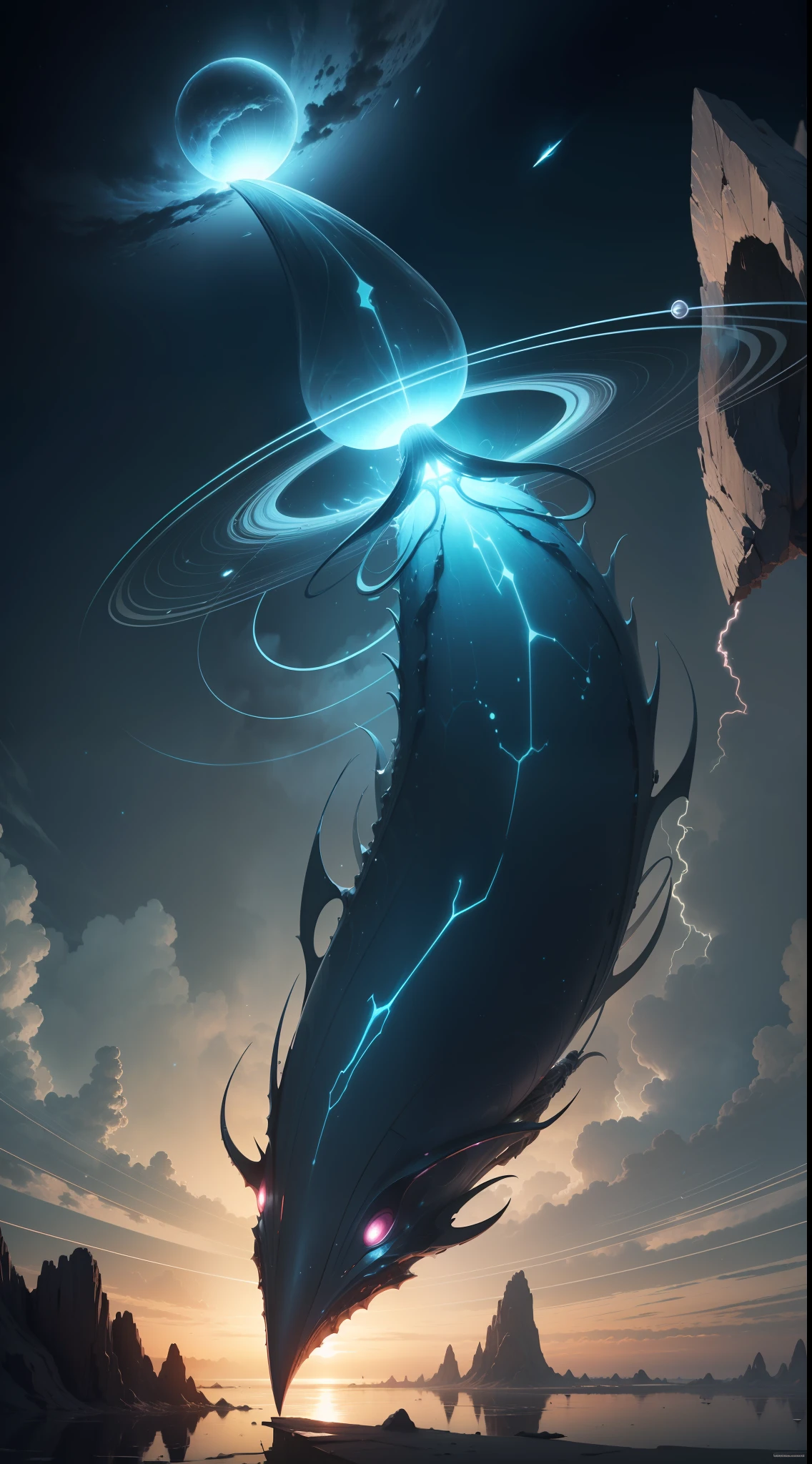 Being hypothetical of Saturn: A floating creature with an ethereal appearance, Composed of lightweight, flexible materials for traveling in the planet's dense atmosphere.. It could have streamlined shapes and drawn in the form of fins or tentacles to navigate between clouds and storms. Their highly developed sensory organs would allow them to detect climates and harness the energy of winds and lightning.. Their reproduction and mechanism could be different from terrestrial beings, with unique adaptations to survive in this extreme environment.
