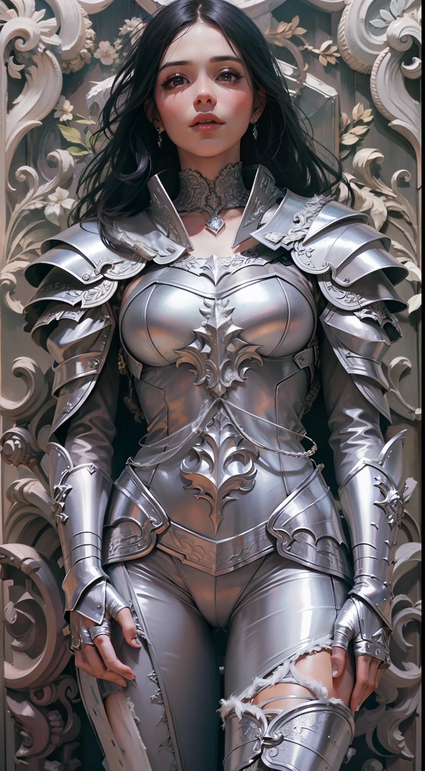 Beautiful woman in insanely intricate Silver Knight Outfit