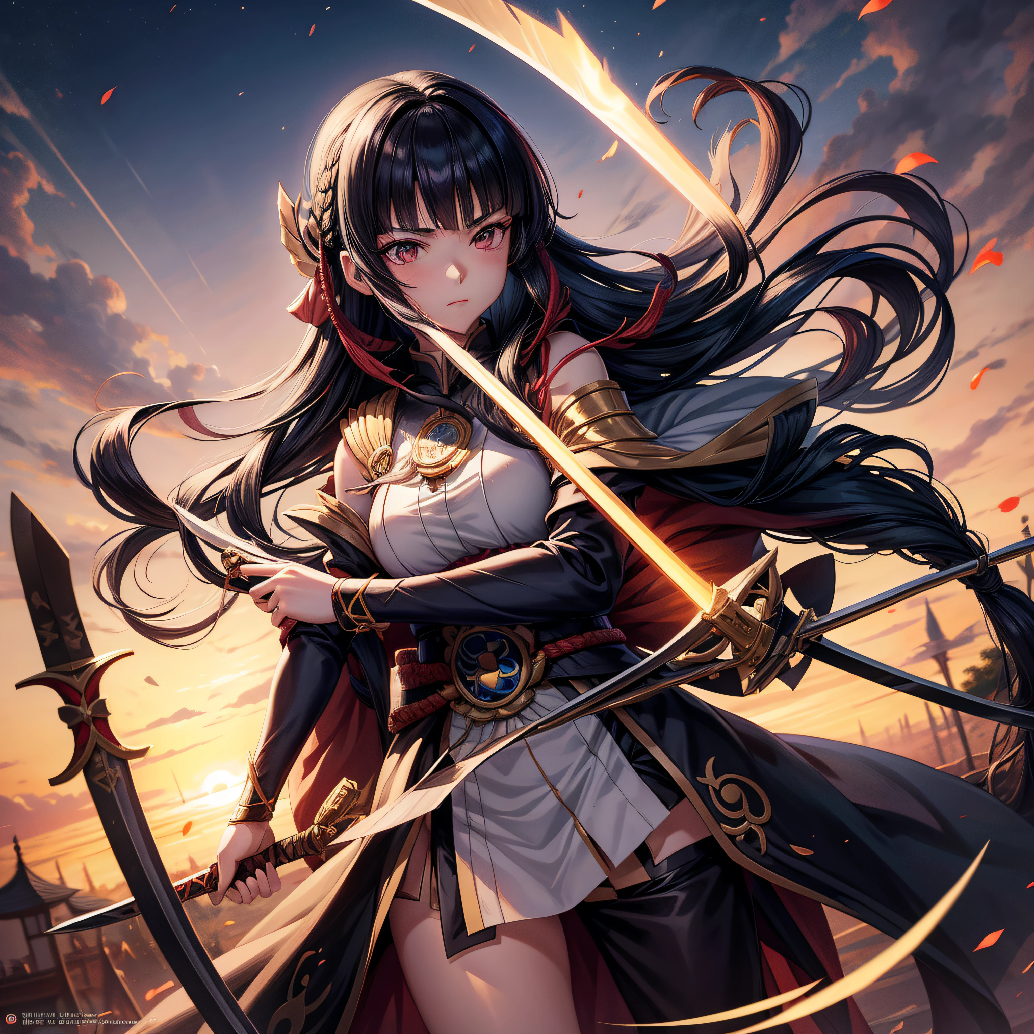 anime girl with long black hair holding a sword in her hand, ayaka genshin impact, holding a sword on her shoulder, ayaka game genshin impact, marin kitagawa fanart, hanayamata, cushart krenz key art feminine, keqing from genshin impact, anime girl with a bow and arrow, yandere intricate
