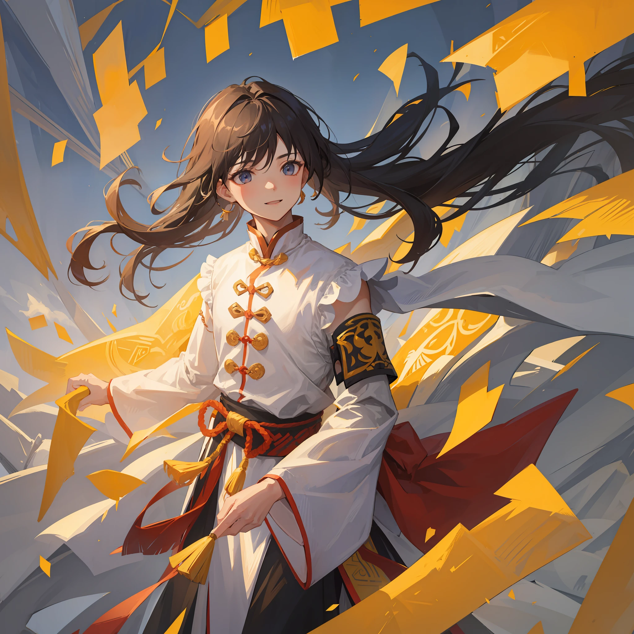An 18-year-old male teenager,long wavy dark hair,Ancient Chinese costumes are rich in detail,The clothes are flowing and light,A delicate face,Handsome face,with very highly detailed face,The jawline is pronounced,Black eyes,long eyelasher, Light smile, Cartoon feel, Bust,shadowing, anaglyph,tachi-e, angle of view, Atmospheric perspective, 8K, Super detail, ccurate, Best quality, 16k, Award-Awarded, High quality, High details, hyper HD