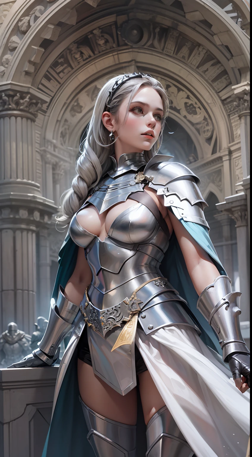 Beautiful woman in insanely intricate Silver Knight Outfit