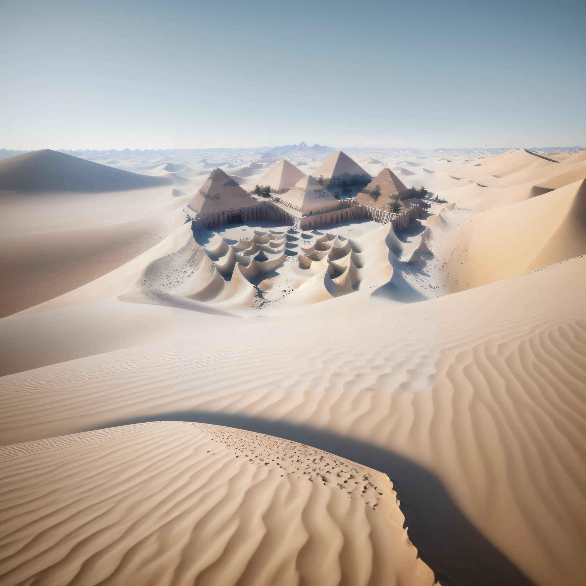 Bird's-eye view, aerial view, Deserts, dunes, pyramids, masterpiece photos, wide-angle lens,colorful,white clouds,masterpiece photo,
