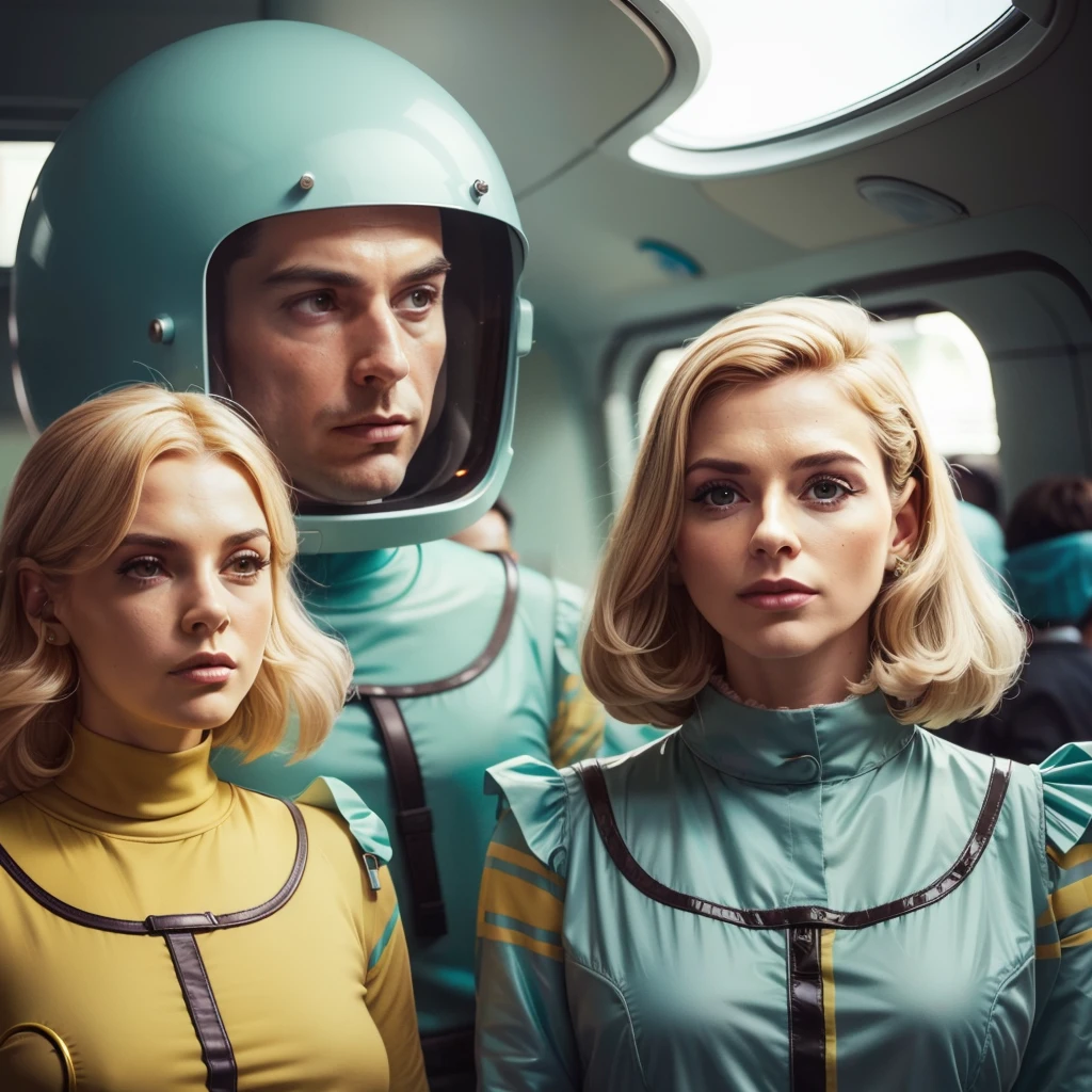 4k image from a 1960s science fiction film by Wes Anderson, Filme O Grande Hotel Budapeste, pastels colors, Young people wearing retrofuturistic alien masks and holding colorful suitcases and chests on the bus, Retro-futuristic fashion clothes from the 60s with old robots, Luz Natural, Psicodelia, futurista estranho, retro-futurista, photo-realistic, Sharp background details.