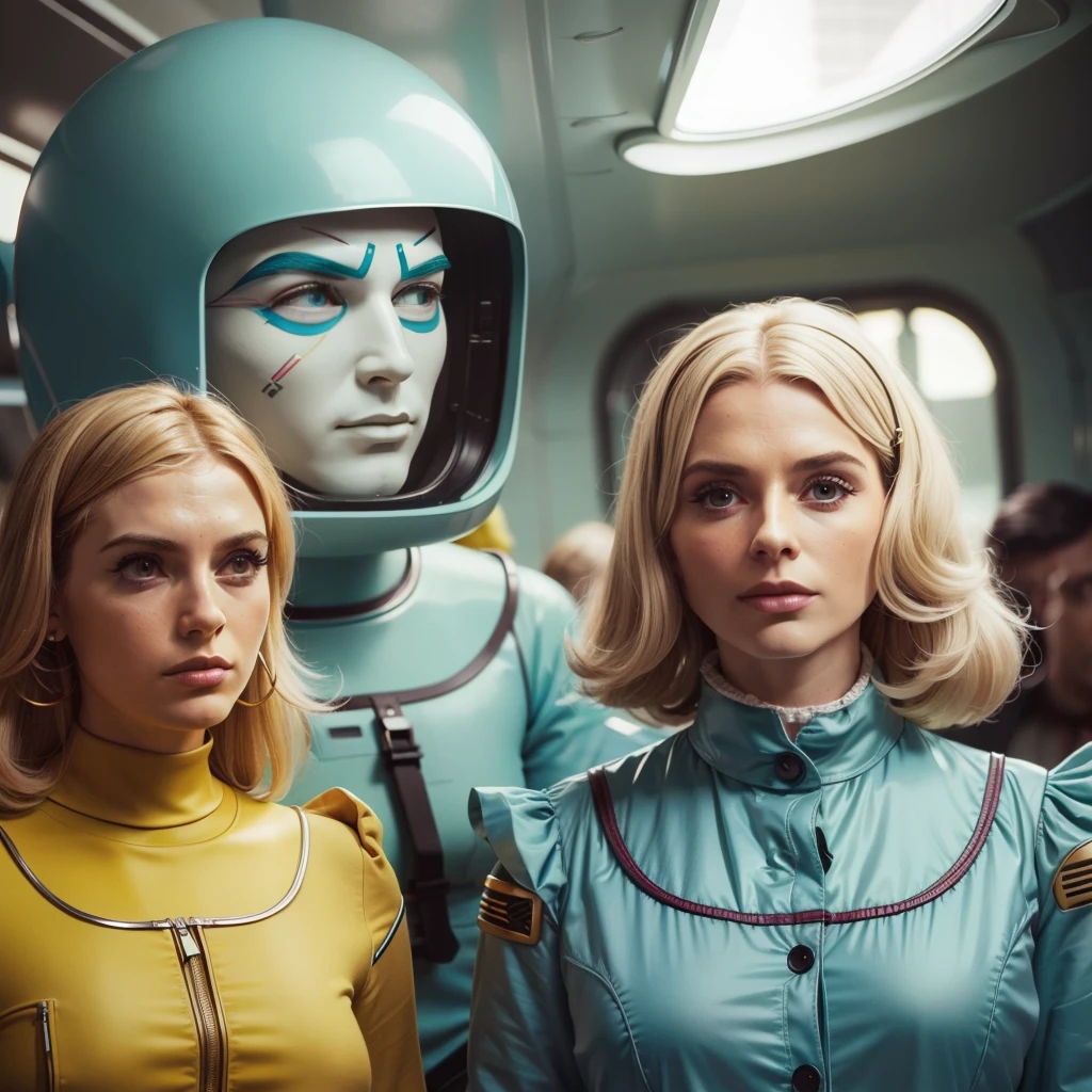 4k image from a 1960s science fiction film by Wes Anderson, Filme O Grande Hotel Budapeste, pastels colors, Young people wearing retrofuturistic alien masks and holding colorful suitcases and chests on the bus, Retro-futuristic fashion clothes from the 60s with old robots, Luz Natural, Psicodelia, futurista estranho, retro-futurista, photo-realistic, Sharp background details.