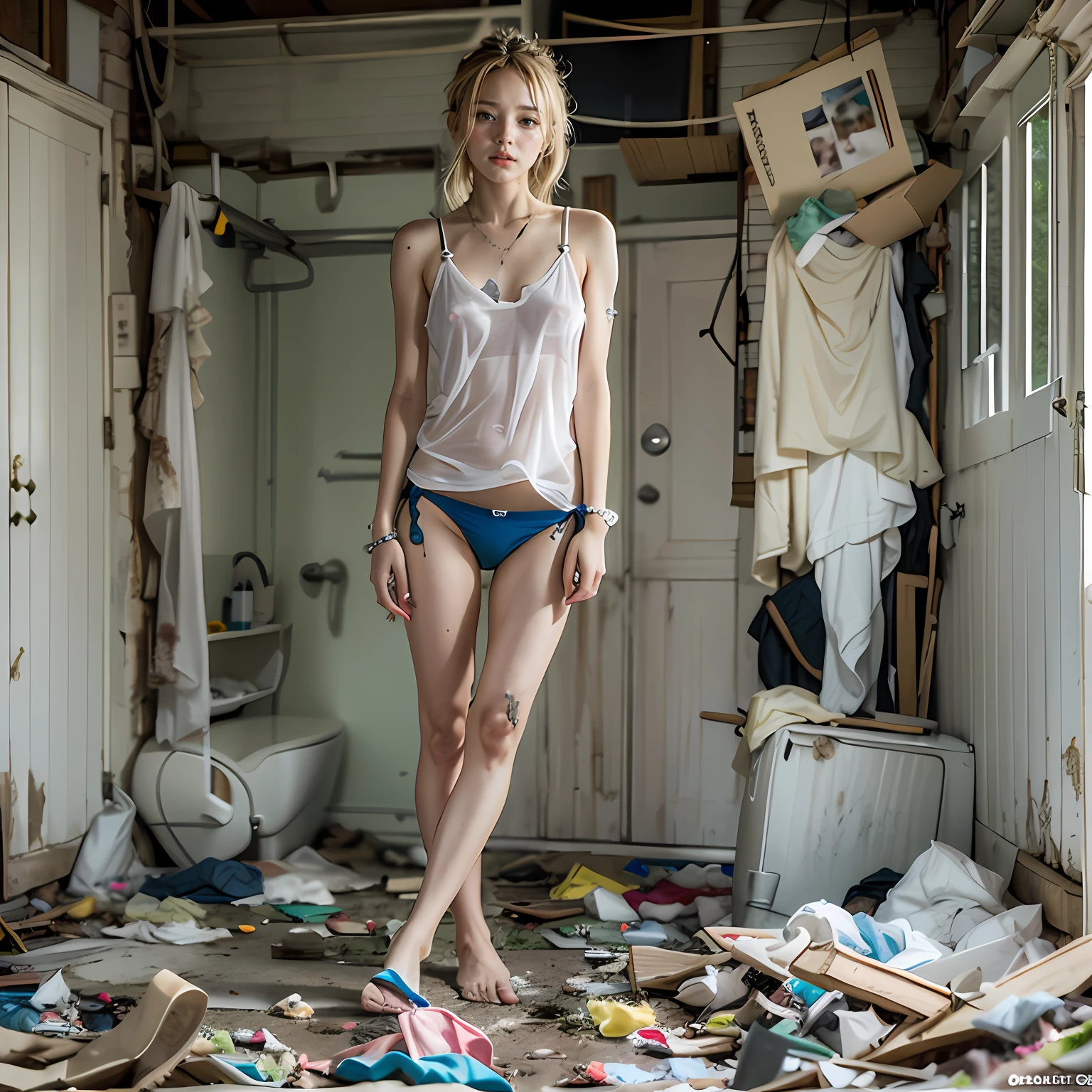 abandoned toilet,Garbage all over the ground,grimy,Dilapidated,Devastated,best qualtiy,full-body portraits(1:1),delicated face,18 years old girls,lean and slender body,Skinny,Smaller bust,Broken white transparent bikini,Panties to the crotch,The barefoot,junk,exhibitionism,exhibitionists,no clothes are worn,don't have clothes