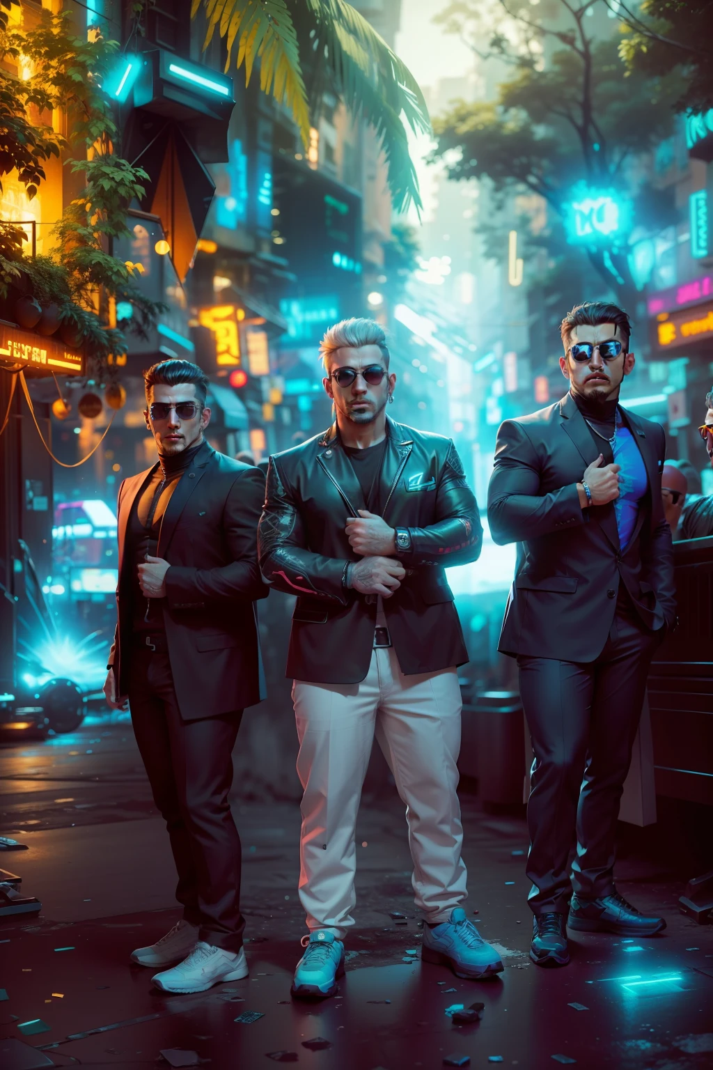 Change background Cyberpunk, 8k, Muscular body, Three men, Sunglasses, Handsome men, vibrant colour, good clothes
