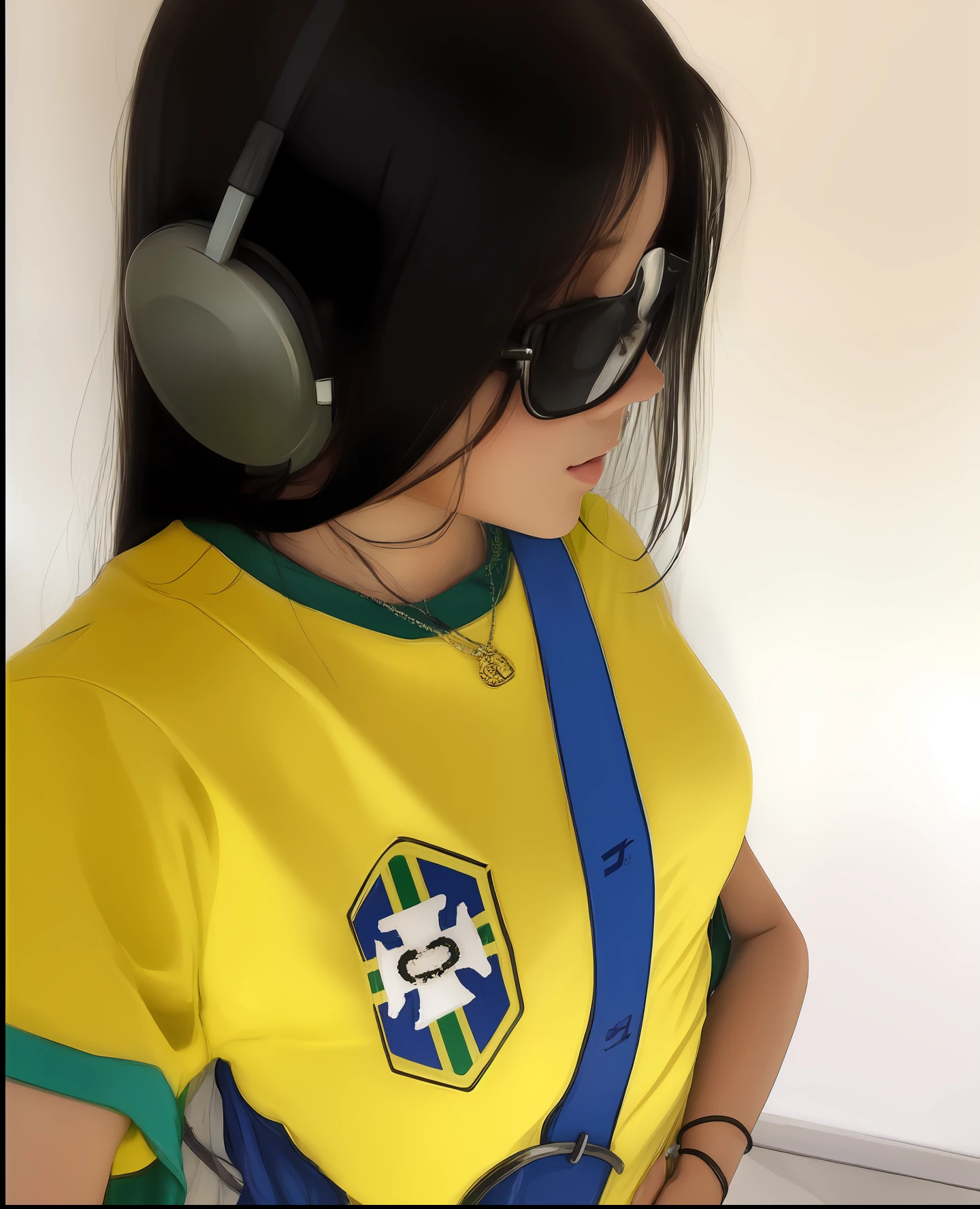 Mulher usando fones de ouvido e uma camisa amarela com um distintivo do Brasil, sun glasses, Parece Fabiula Nascimento, com fones de ouvido, Brasileiro, com fones de ouvido, fernanda suarez, ๐๐๐พ, DJ Sura, Brasil, ๐๐คก, ๐ฟ๐๐, menina usando fones de ouvido, sousaphones, sousaphones reais