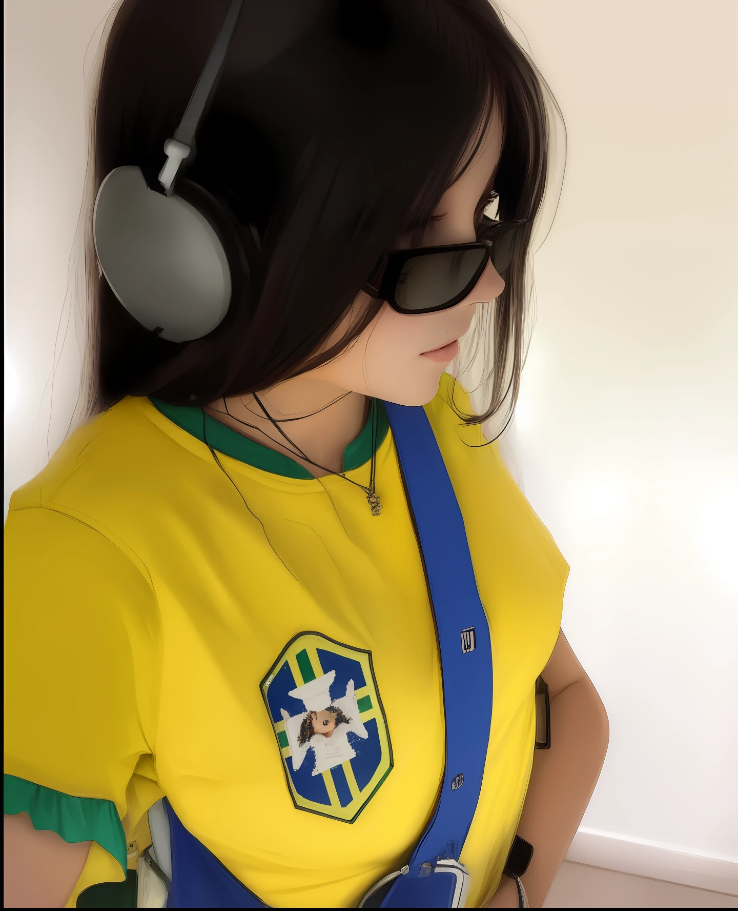 Mulher usando fones de ouvido e uma camisa amarela com um distintivo do Brasil, sun glasses, Parece Fabiula Nascimento, com fones de ouvido, Brasileiro, com fones de ouvido, fernanda suarez, 🐝👗👾, DJ Sura, Brasil, 🔞🤡, 🚿🗝📝, usando fones de ouvido, sousaphones, sousaphones reais