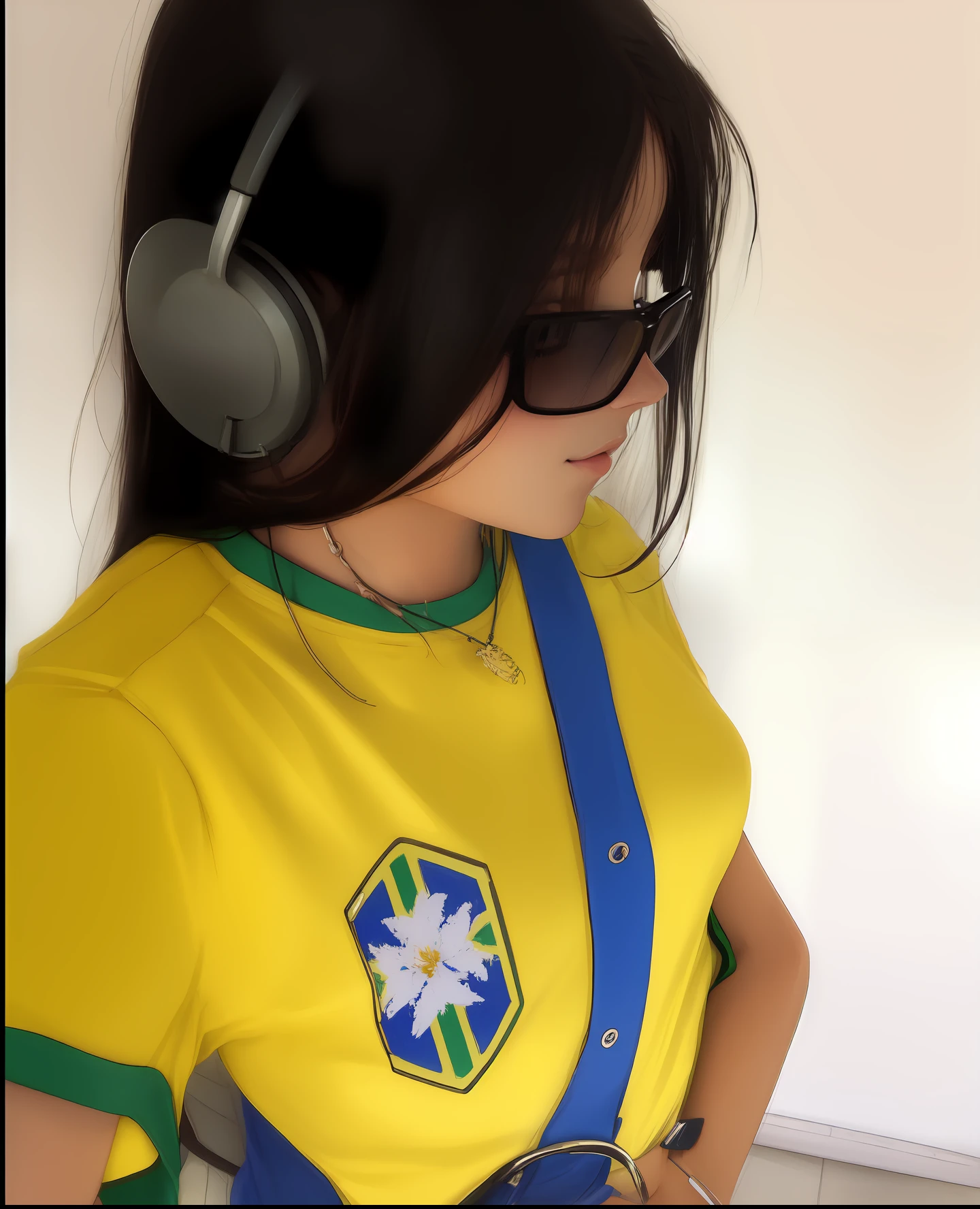 Mulher usando fones de ouvido e uma camisa amarela com um distintivo do Brasil, sun glasses, Parece Fabiula Nascimento, com fones de ouvido, Brasileiro, com fones de ouvido, fernanda suarez, 🐝👗👾, DJ Sura, Brasil, 🔞🤡, 🚿🗝📝, menina usando fones de ouvido, sousaphones, sousaphones reais