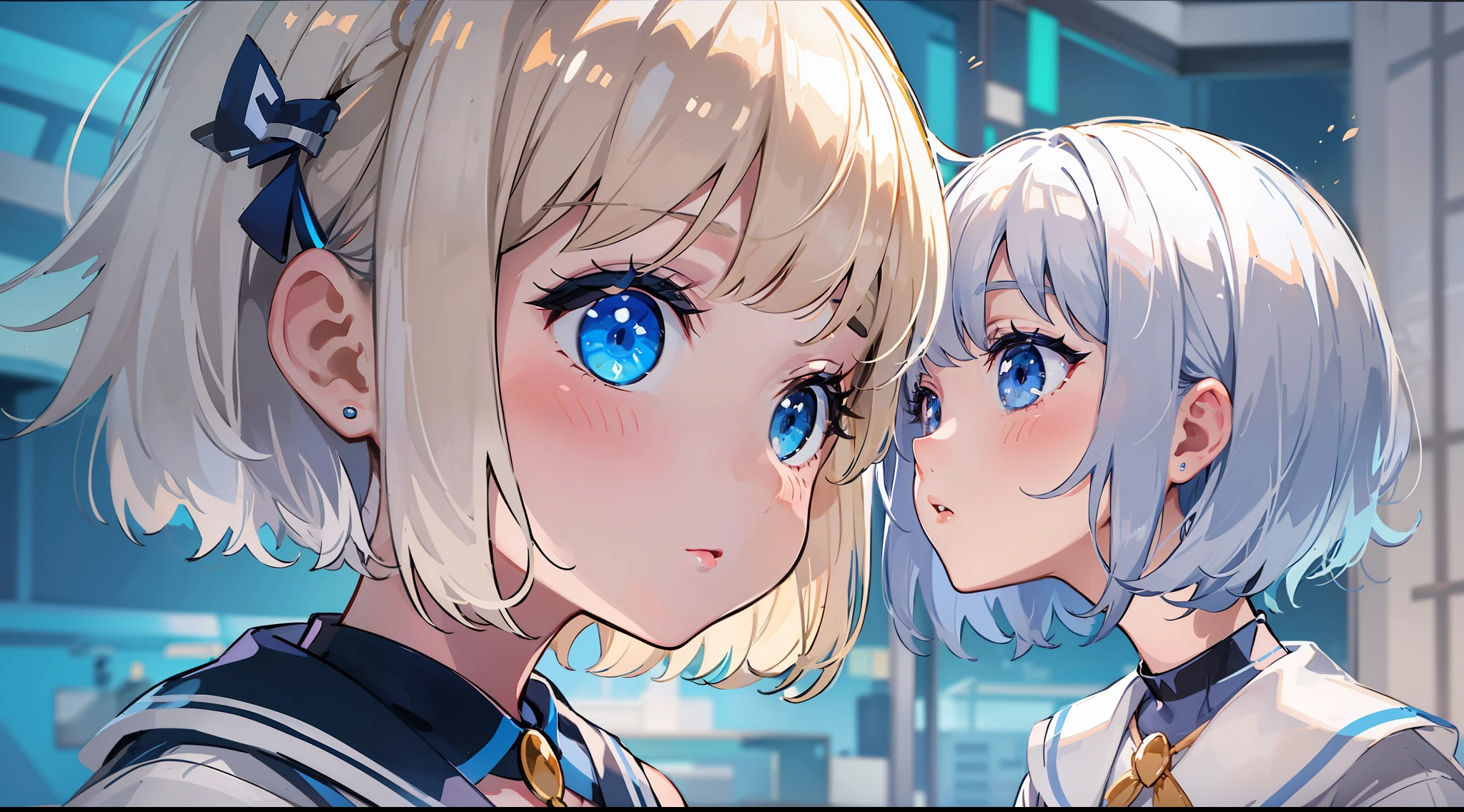 2girl, blonde hair, bob cut, blue eyes, sailor suit, cute, kawaii,
2girl, short stature, short girl, silver hair, short hair, asymmetrical bangs, blue eyes, sailor suit, cute, kawaii,
(two girls are looking at each other, eye contact, face-to-face, blush)
blue cyber punk, room with big windows, blue fluorescent light