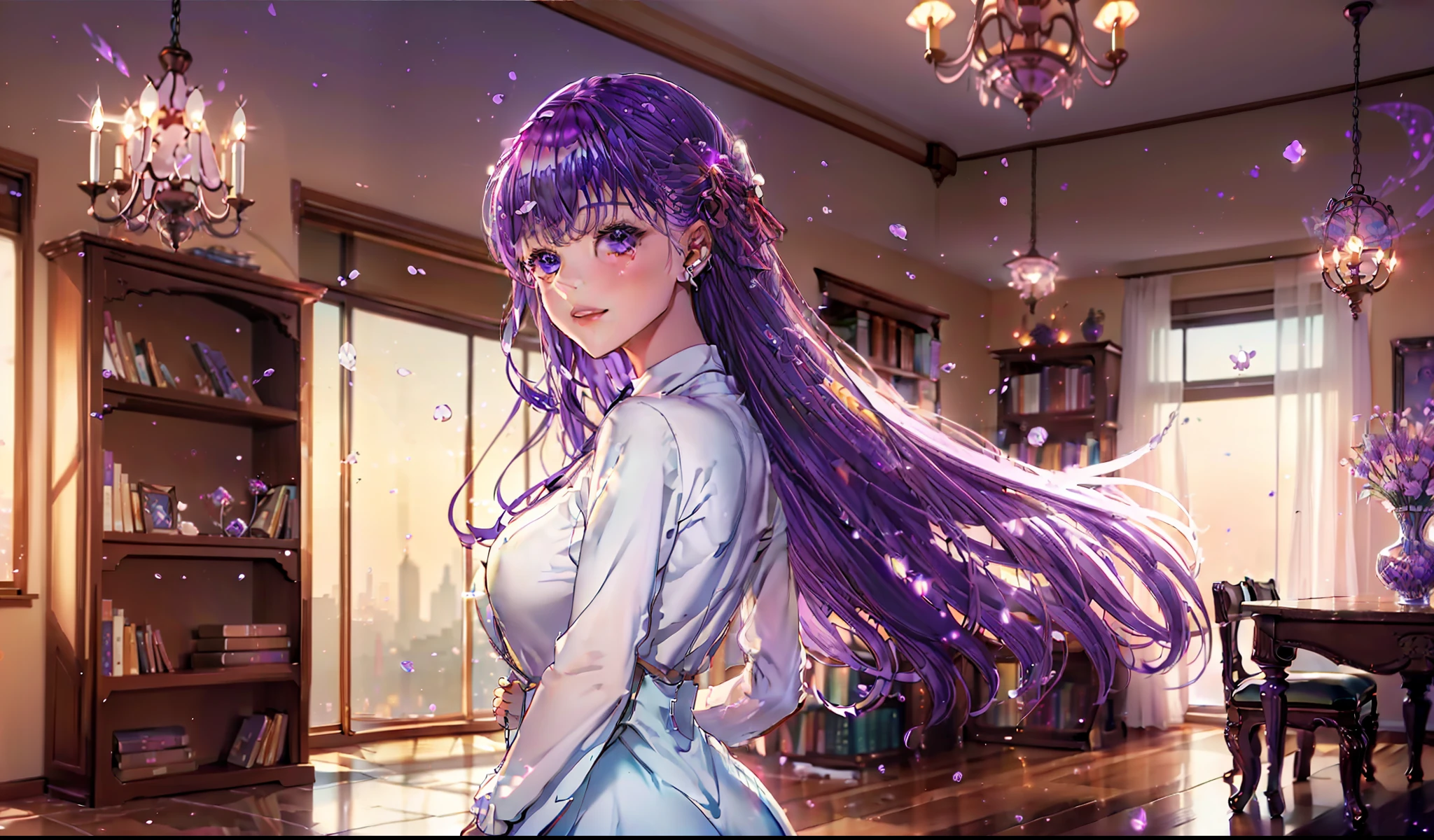 High quality well-depicted CG wallpaper masterpiece，The girl stood in front of a huge celestial body，Purple hair mused，Sparkling items on bookshelves，The chandelier emits a soft glow，Enjoy panoramic views through floor-to-ceiling windows。Anime wallpaper effect，True skin texture，Twilight atmosphere，Cute sweet face。