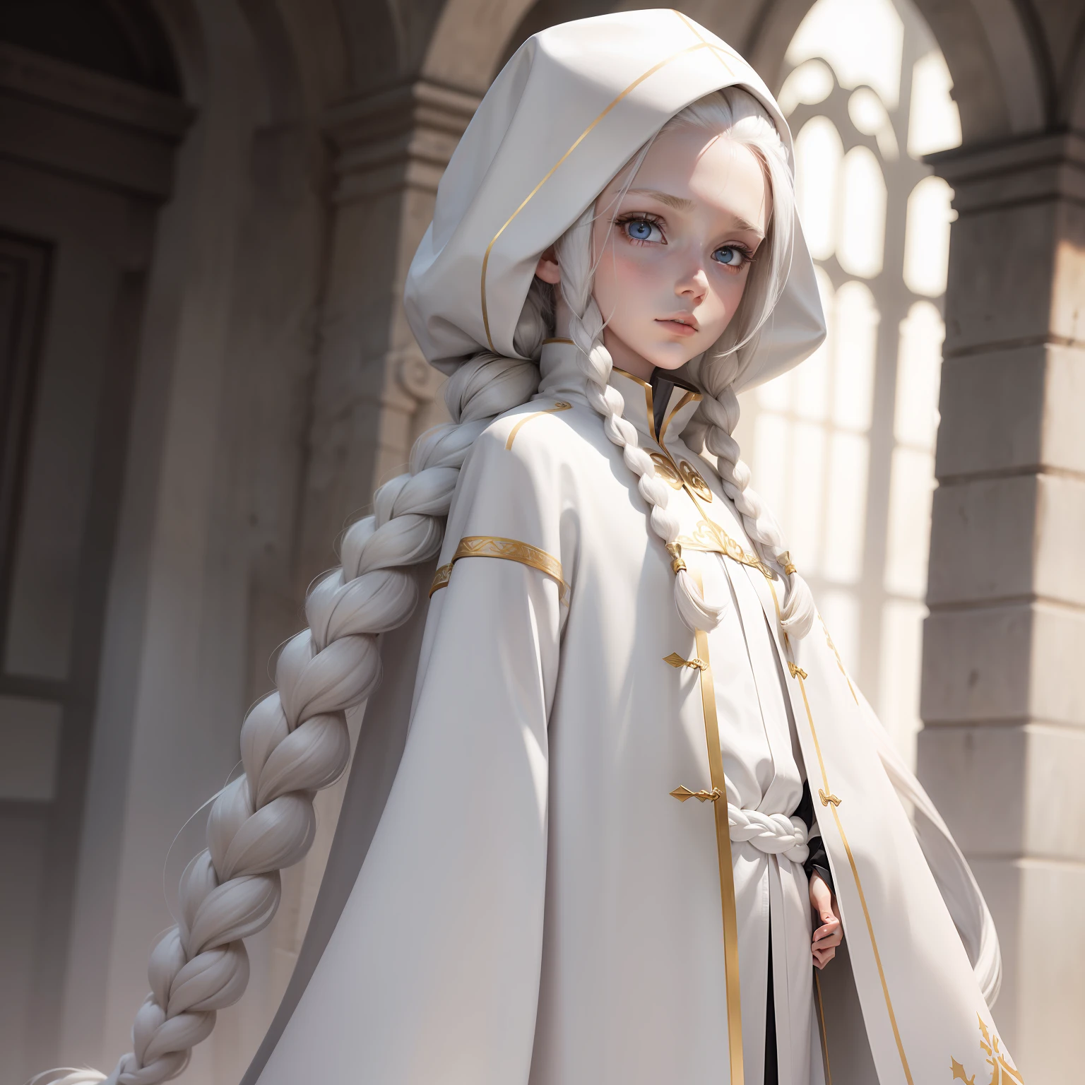 Manteau blanc,white skinned,whaite hair,long braid,Golden eyes,Look up,The upper part of the body,Need,tmasterpiece