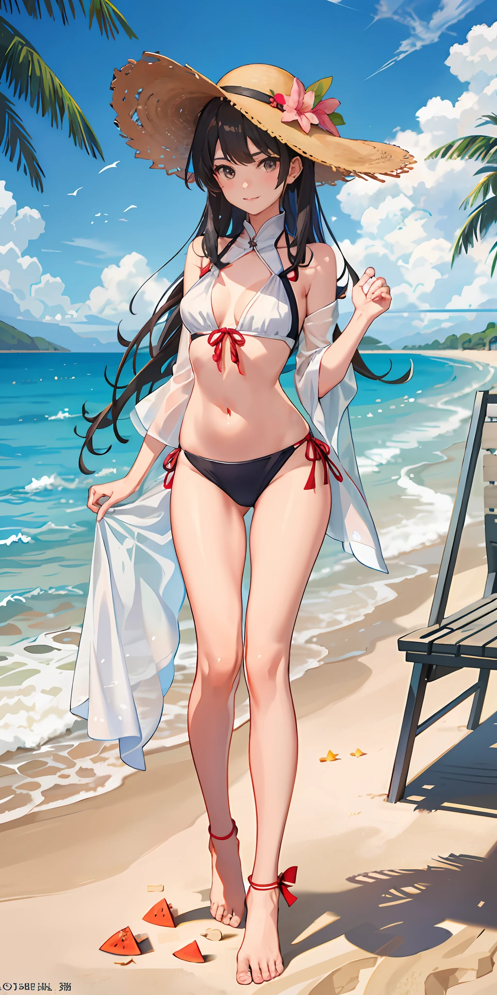 A girl,比基尼,Open navel,three-point style,gray-haired girl,full body close-up shot,((swimming uniform,比基尼)),folds,folds,folds,see-through sleeves,cropped shoulders,Bare back,cropped shoulders,Watermelon in hand,Watermelon in hand,beach chair,Full body photo,((There are a lot of people on the beach)),the detail,Straw Hat Hat,ellegance,the detail,ellegance,spray,There are hands and feet,immensity,Full body photo,Hazy,Skysky,the detail,ellegance,There are hands and feet,immensity,baiyun,Hazy,the detail,Kizi,Skysky,the detail,ellegance,There are hands and feet,baiyun,Hazy,the detail,The face is clear