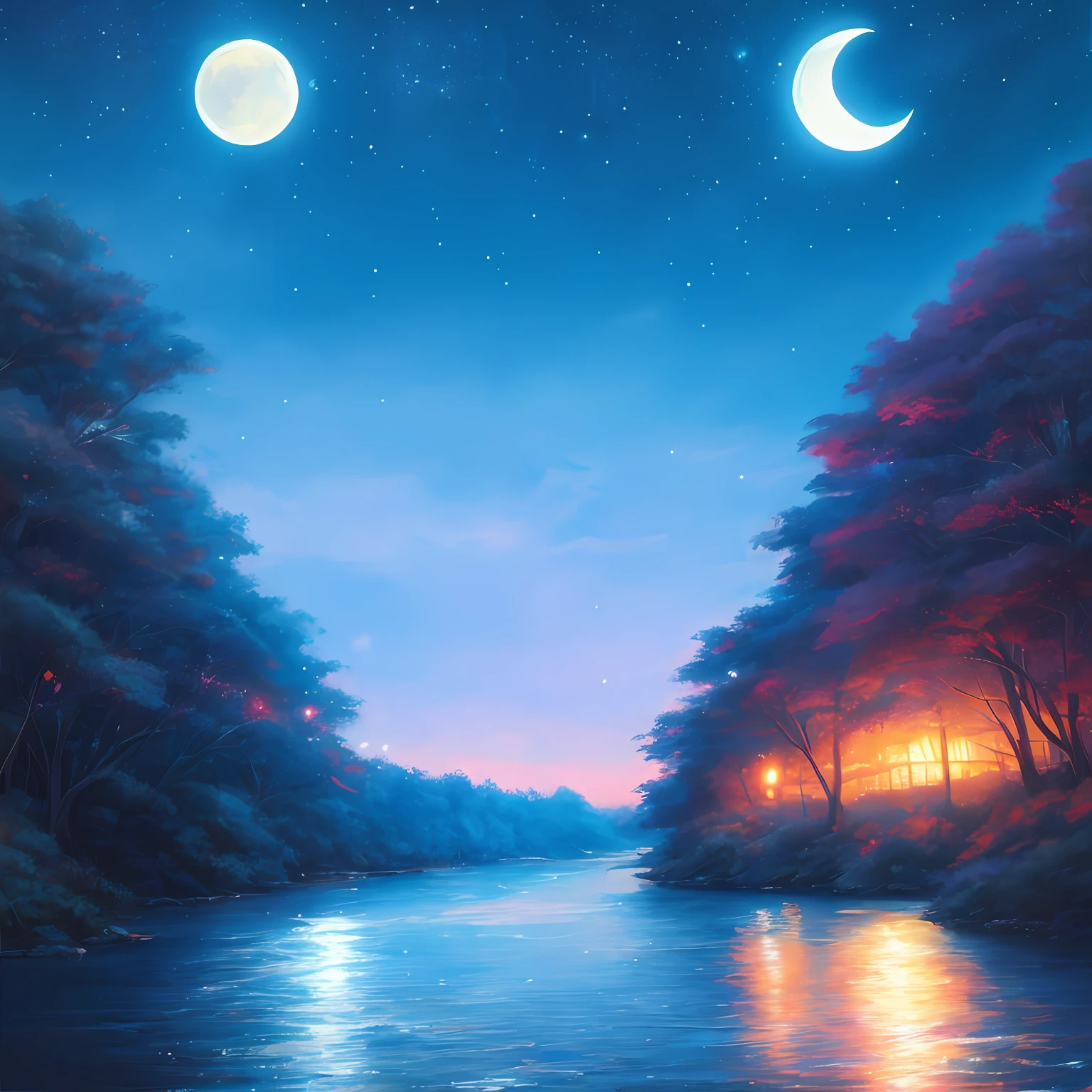 A painting of a river with stars and moon in the sky, concept art inspired by Tosa Mitsuoki, pixiv contest winner, best quality, fantasy art, beautiful anime scene, a bright moon, moonlit starry environment, dream painting, Anime Background Art, Fantasy Landscape Art, Fantasy Night, Anime Background, Background Artwork, Fantastic Art, Atmospheric Anime, Starry Sky, Detail Enhanced.