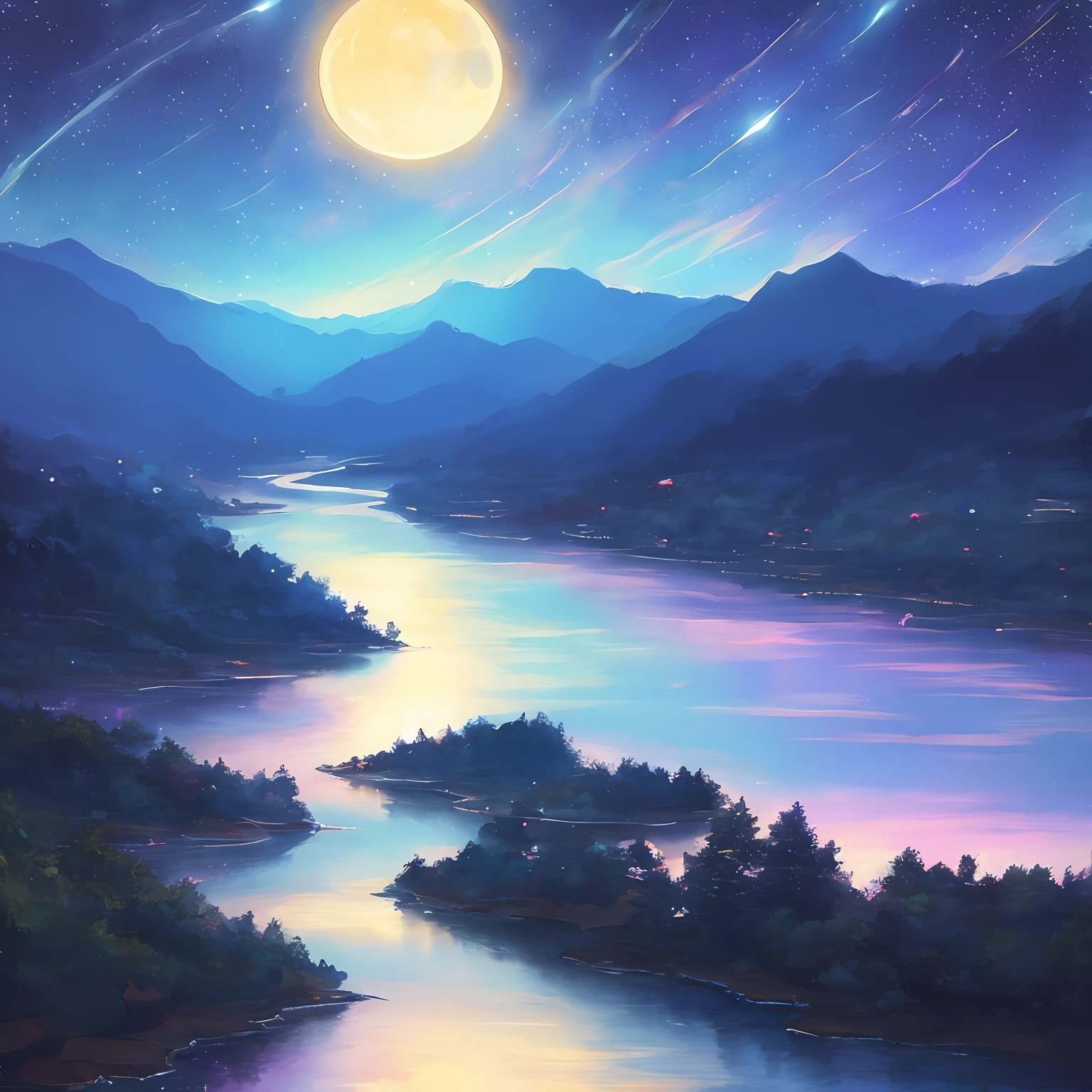 A painting of a river with stars and moon in the sky, concept art inspired by Tosa Mitsuoki, pixiv contest winner, best quality, fantasy art, beautiful anime scene, a bright moon, moonlit starry environment, dream painting, Anime Background Art, Fantasy Landscape Art, Fantasy Night, Anime Background, Background Artwork, Fantastic Art, Atmospheric Anime, Starry Sky, Detail Enhanced.