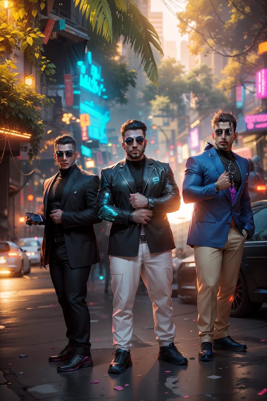 Change background Cyberpunk, 8k, Muscular body, Three men, Sunglasses, Handsome men, vibrant colour, good clothes