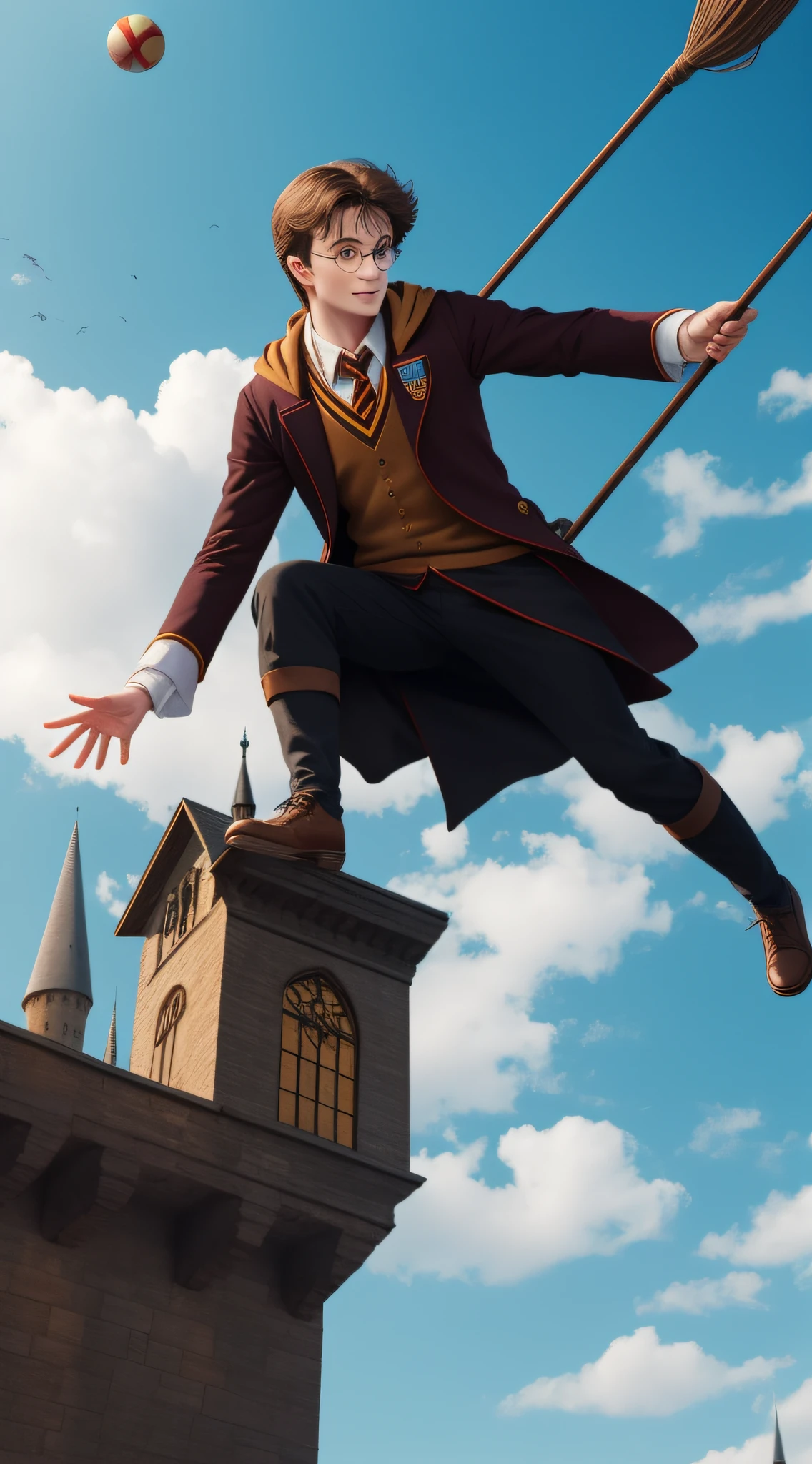 Harry Potter mounted on a flying broom with his hand raised to catch mini ball