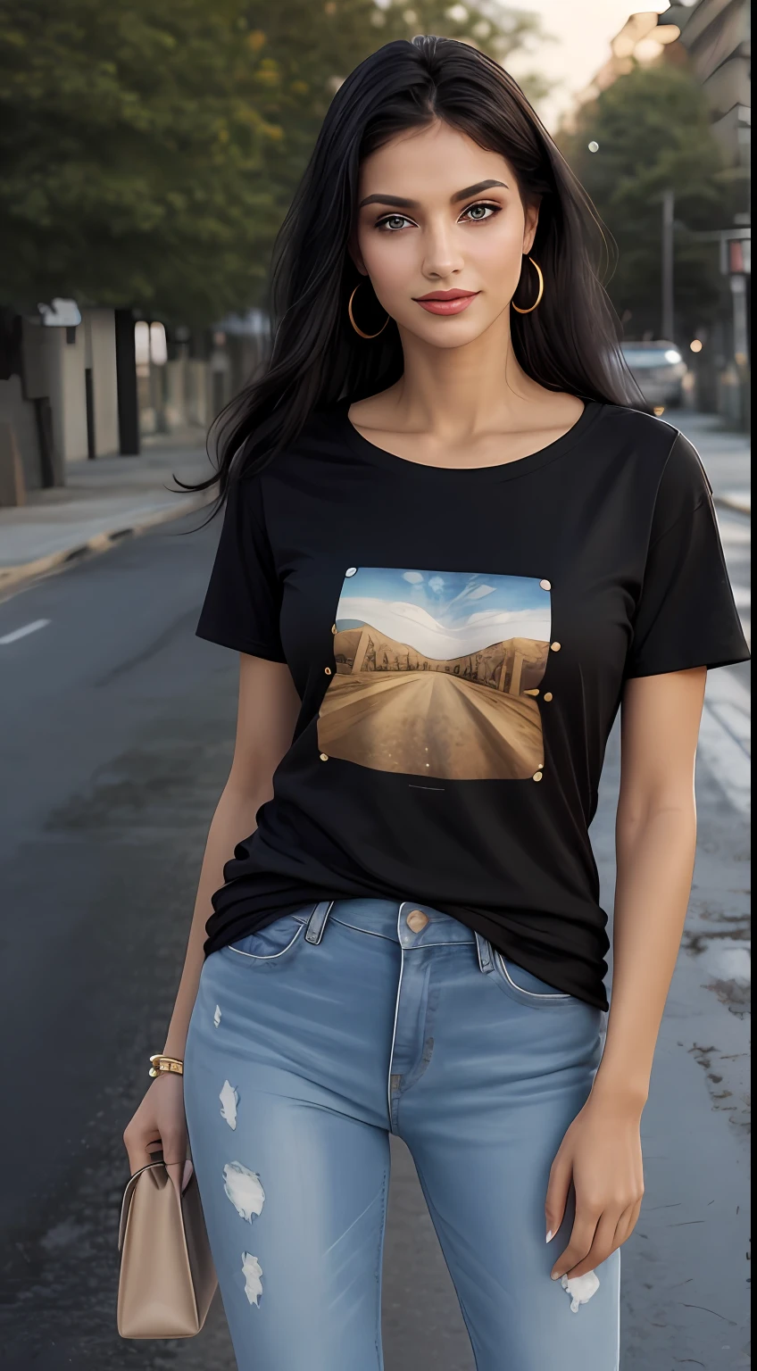 ((Best Quality, 8k, Masterpiece:1.3)), Focus: 1.2, Perfect Body Beauty: 1.4, Arabian 23 years old woman: 1.2, ((Long black Hair, no print on tee-shirt)), (Black Baggy basic tee-shirt:1.1) , Plain basic full body length tee-shirt (Rain, Street:1.3), dark gray skinny jeans, long jeans: 1.1, Highly detailed face and skin texture, Detailed eyes, Double eyelids, toned body, Whitened skin, smile, toned breasts, toned legs, beautiful detailed feets, long heel's, whitened skin, detailed eyes and face, middle eastern woman, baggy medium size basic tee-shirt, toned hips, 8K UHD, gold anklets, neck gold chain, color earrings jewelry, model posing, black baggy tee-shirt, plain, no print on Teeshirt, open legs styles, traffic, busses, car's, detailed hands jewelry, fashion strips