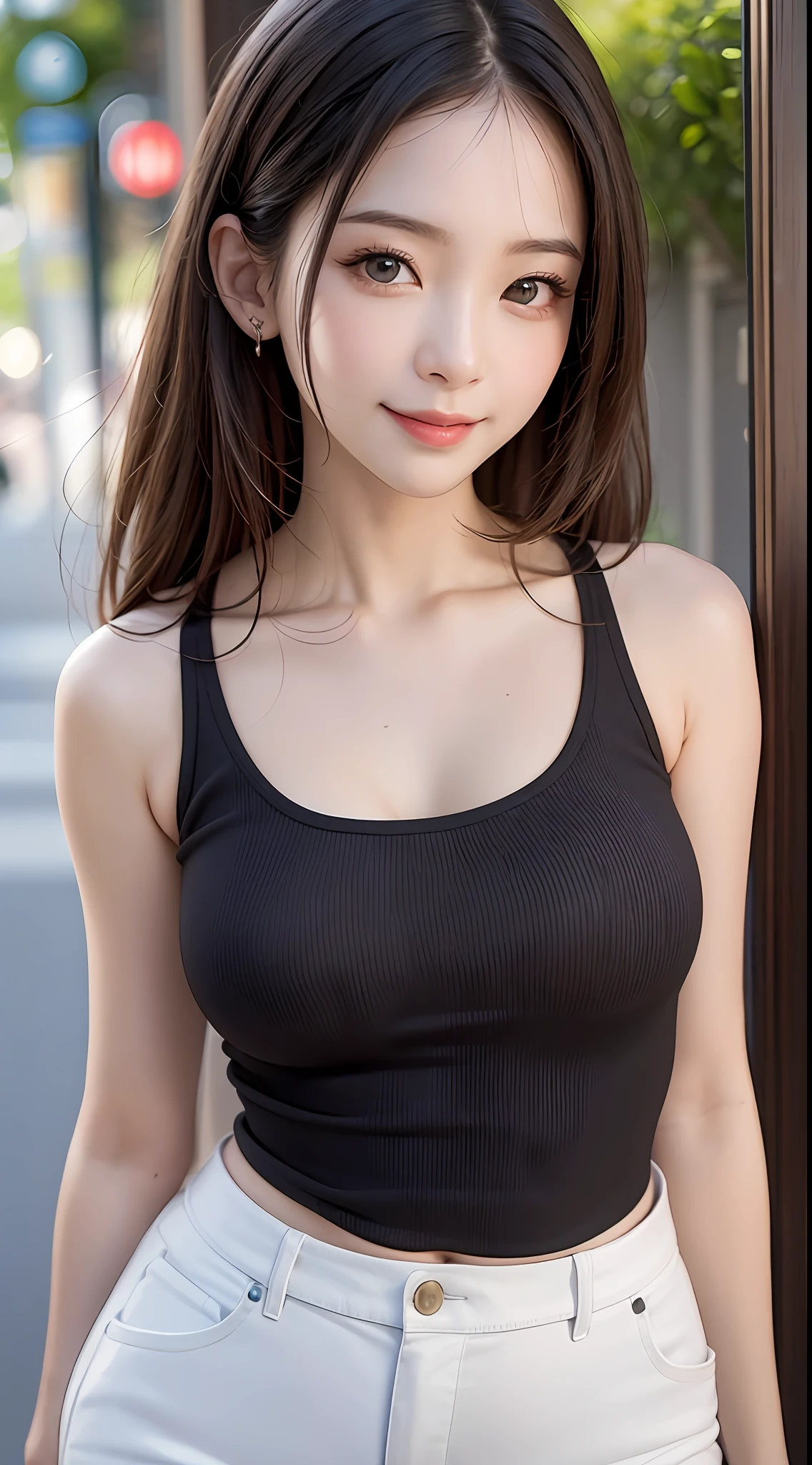 masterpiece、1 beautiful girl、A detailed eye、Puffy eyes、top-quality, 超A high resolution, (Realisticity: 1.4), OriginalPhotographs,cinematlic lighting、japanes、Super beauty、Beautiful skin、A slender、(A hyper-realistic)、(hight resolution)、(8K)、(ighly detailed)、(beautifully detailed eyes)、(ultra-detailliert)、(A detailed face)、looking at viewert、very smiling、Facing straight ahead、Black colored eyes、the body is facing forward、White tank top、hotpants、Clear、Urban street trees、Trendy Korean Cosmetics、