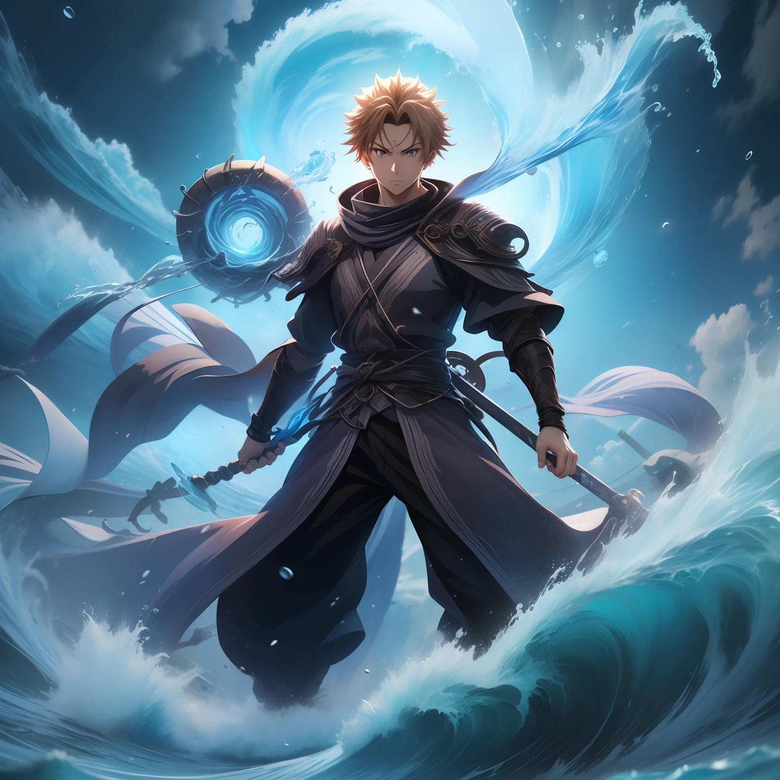 (((Rudeus))),((Obra-prima do anime))), Concentrating the Magic of Blue Water, vortex, particuls, (sentado), 1 garoto, ambiente de fantasia, (((rindo)))