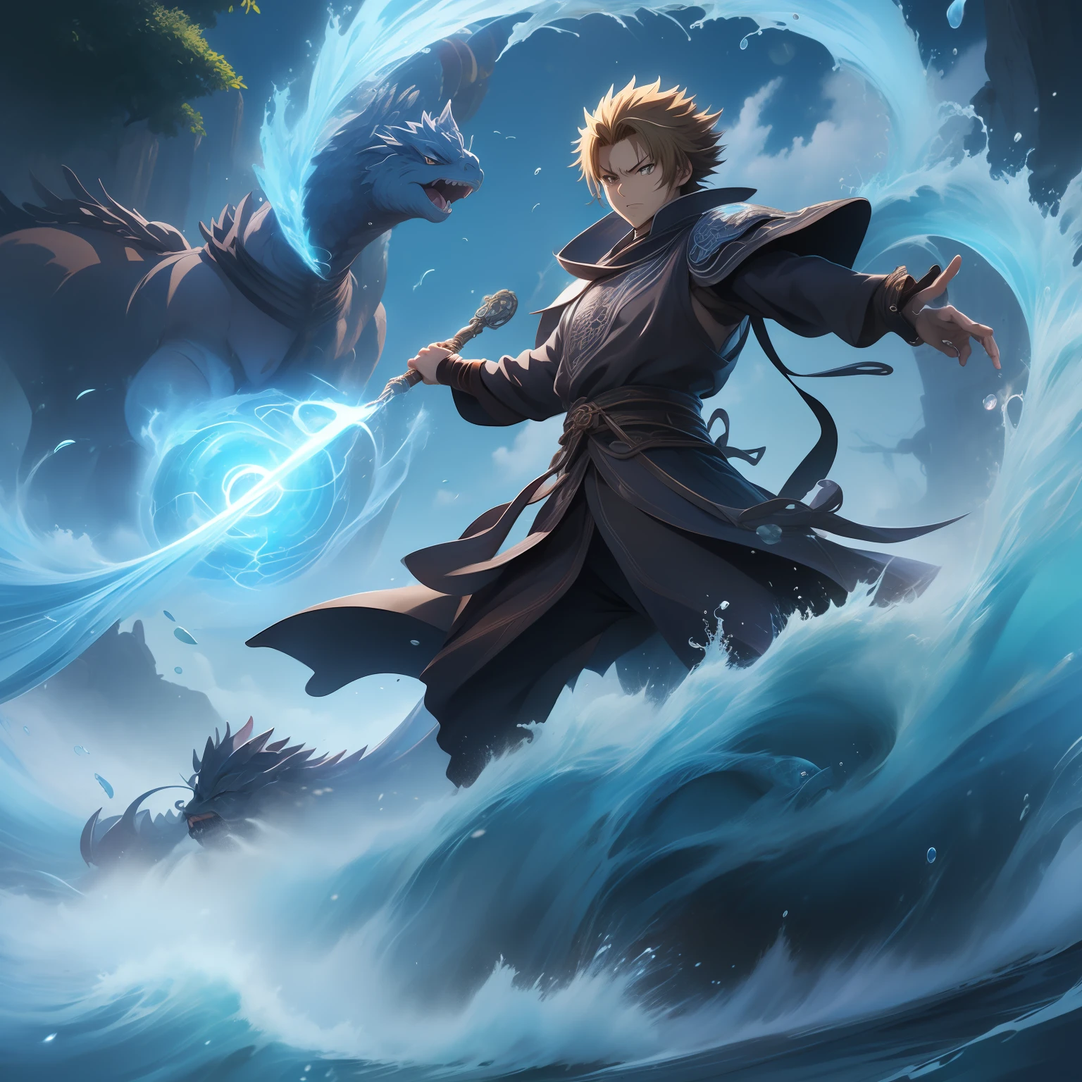 (((Rudeus))),((Obra-prima do anime))), Concentrating Blue Water Dragon Magic, vortex, particuls, (sentado), 1 garoto, ambiente de fantasia, (((rindo)))