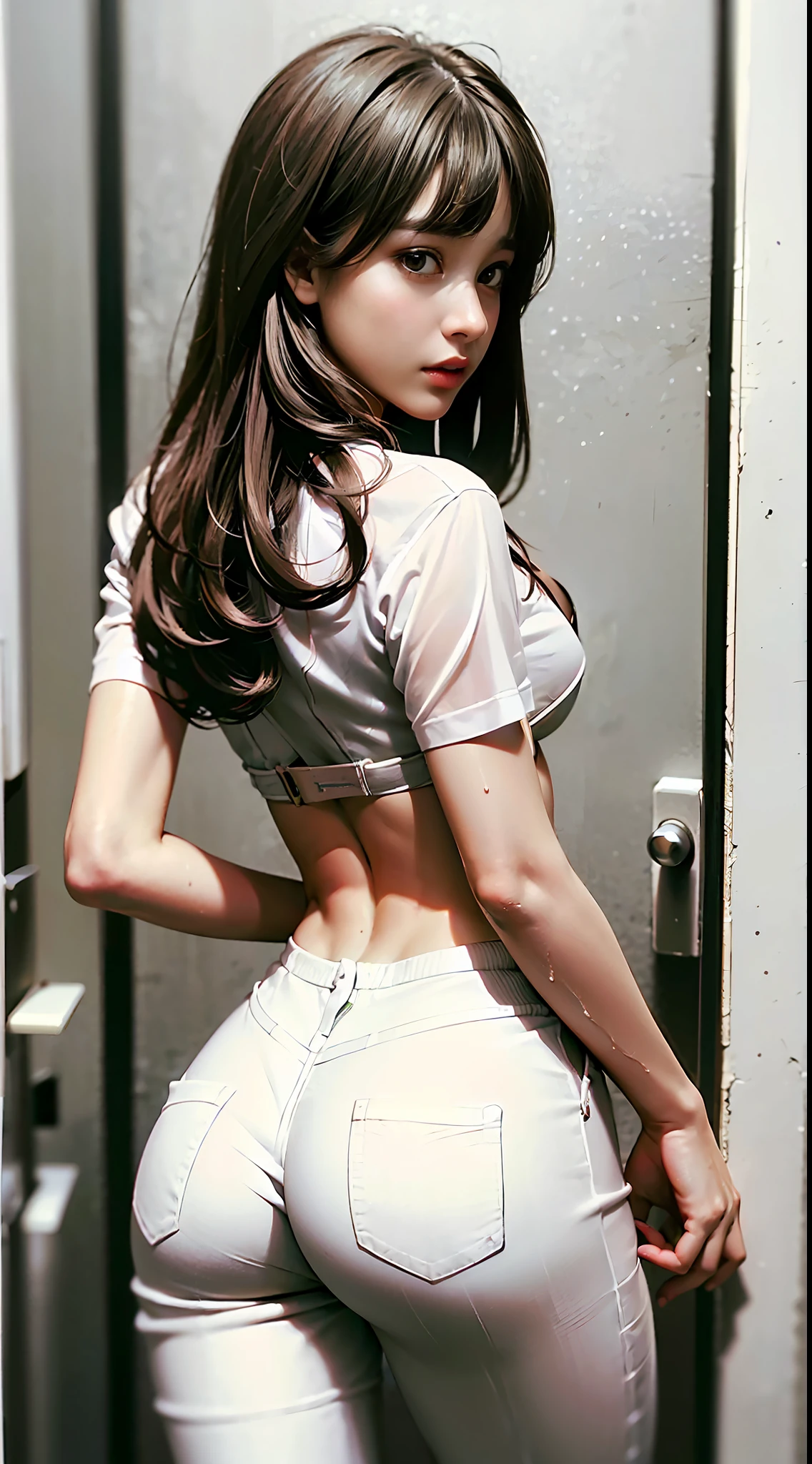 (Raw photography、top-quality、masterpiece:1.2、realisitic、Photorealsitic、highcontrast、Photorealsitic、ultra-detailliert、profetional lighting、low angles:1.2)、(1 girl in)、(独奏:1.5)、(Height is 165 cm)、(22year old)、(white shirt:1.2)、(White slack pants:1.5)、(Business suits)、(Semi-long with bangs)、(drooing eyes)、Thin leg、(beauitful face:1.3)、(perfectly proportions:1.2)、(middlebreasts:1.3)、(Textured skin)、open-shirt、Wet clothes、posterior view、s ass、