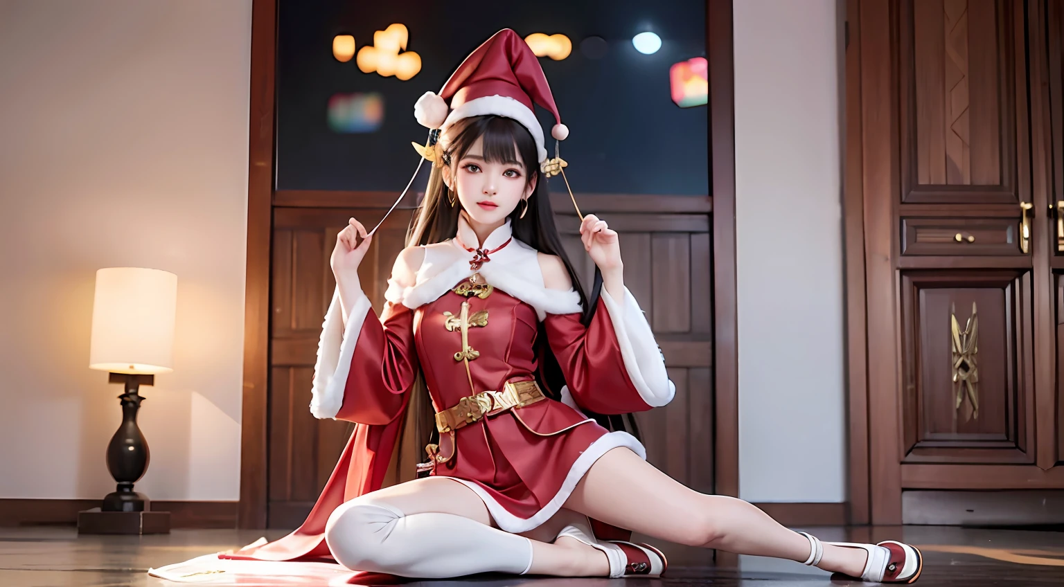 Alafi sits on the floor wearing a Santa hat, full-body xianxia, pale snow-white skin, Ruan cute vtuber, young and cute girl, trending at cgstation, ulzzangs, full body shot of, shaxi,  elf girl, trending on cgstation, 🤬 🤮 💕 🎀, Li Zixin, xintong chen，nakeness，wearing high heels，Tight transparent clothing，torn laundry