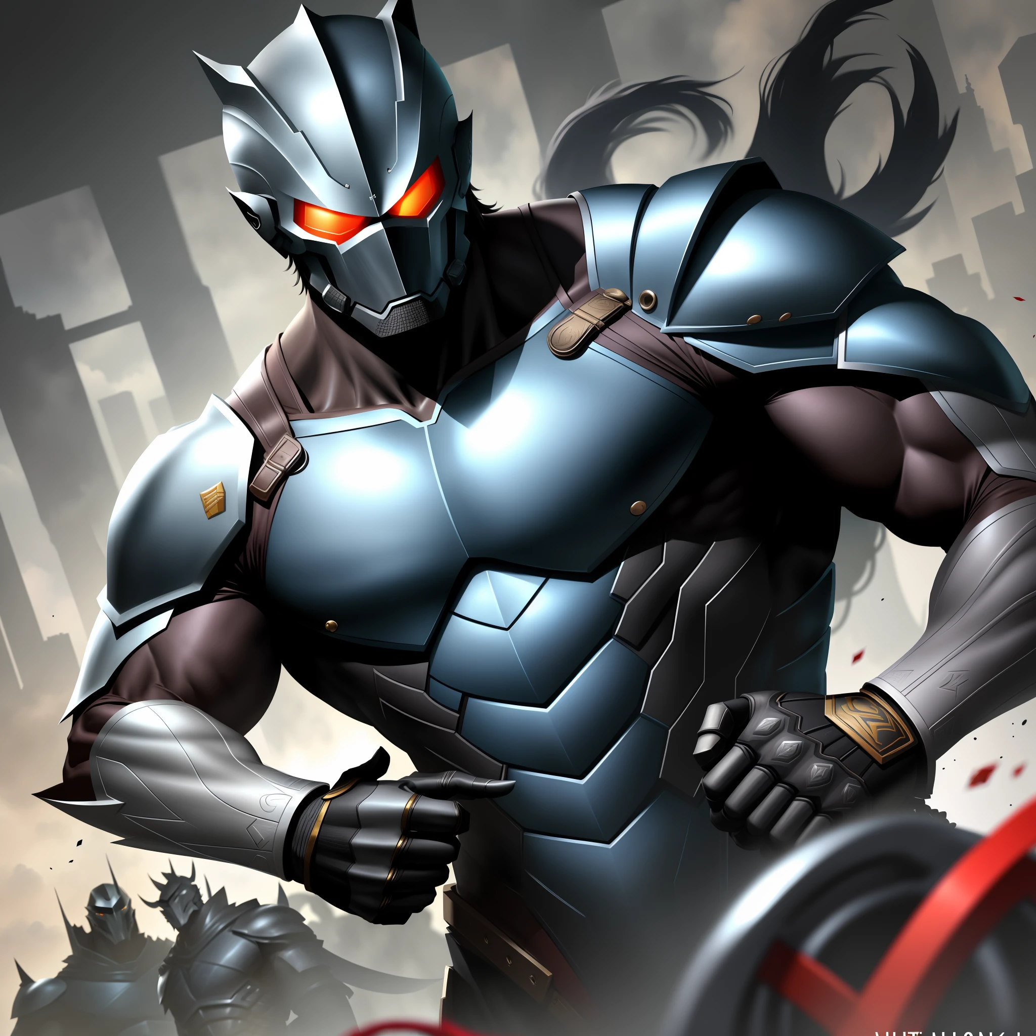 best qualtiy，Masks，Non-human，armure，Male，masculine features，Strong，Tall and strong，Single photo，Close-up photos，Look ahead，超高分辨率，tightsuit，Muscular，Majestic and handsome，Half-body armor，Armor，Abs，Thick legs，vibrant with colors。