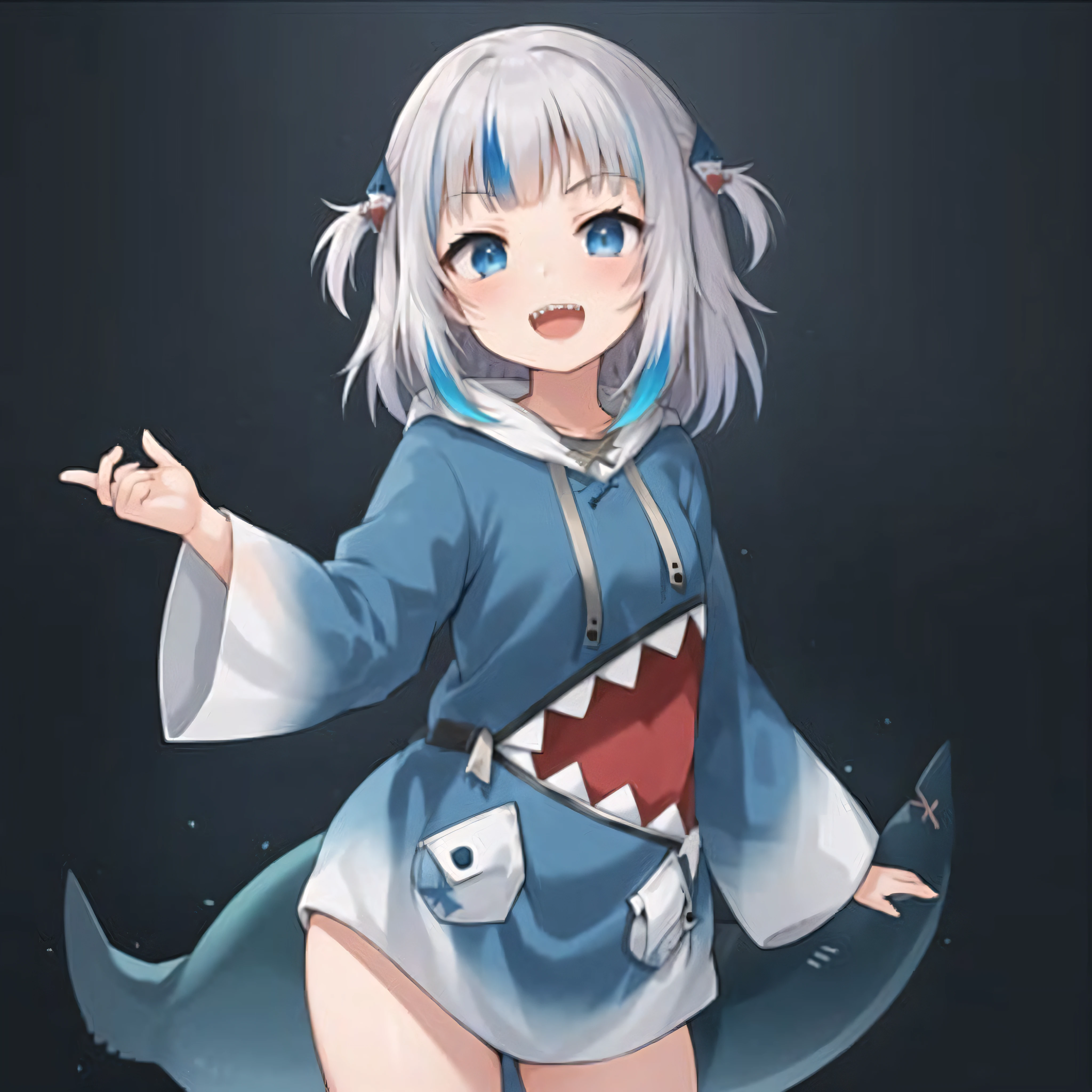 2d, masterpiece, best quality, anime, highly detailed eyes, highly detailed face, (cowboy shot), 1 girl, solo, standing, studio background, (black background), gawr gura, gura, shark girl, tail, shark tail, sharp teeth, open mouth, white hair, multicolored hair, petite, blue hoodie, hair ornament