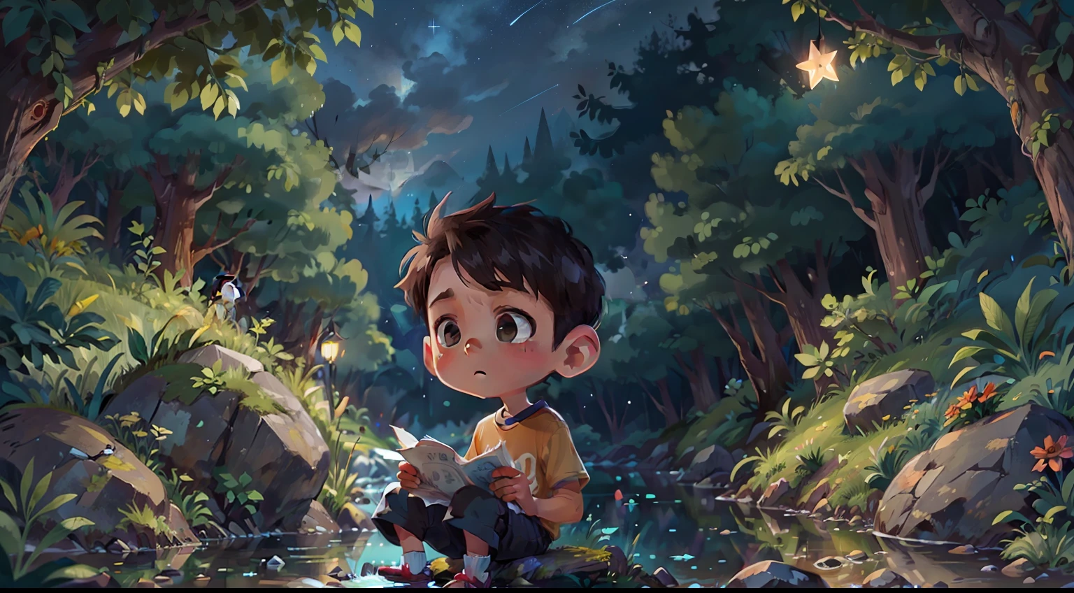 younge boy,beside a river,watching the stars