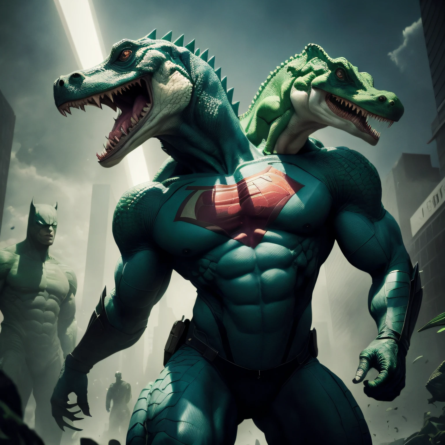 Batman and Superman stand in front of a city with dinosaurs, Como guerreiros reptilianos atlantes, Directed by: Hiroyuki Tajima, cg arte, Lagarto, arte do lagarto, Directed by: Ignacio Zuloaga, terno de borracha verde godzilla, half shark alligator half man, Directed by: Matt Stewart, kaiju batalha, hiper realista", hiper realista