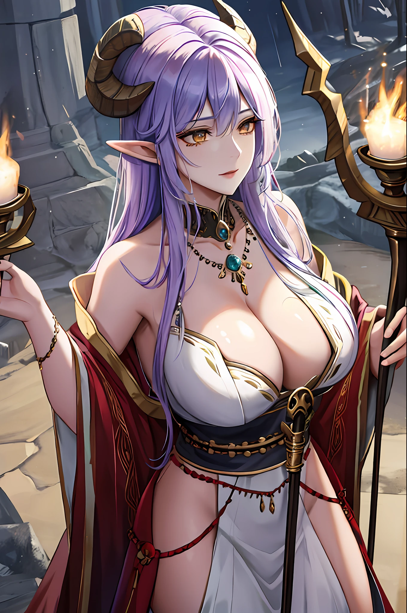 Full body like,Complicated details,(Latex skin:1.1)Big breasts and big breasts(Perfect shiny skin:1.2)Big breasts and big breasts(Moist skin:1.1),(very vey very detailed face),(tmasterpiece,realisticlying:1.3),(extremly intricate:1. 2)>,intricately details,(Sculptural skin texture:1.1)Big breasts and big breasts(shiny skins:1.2)Big breasts and big breasts(Slightly damp skin:1.1),A woman with a staff, horned ram goddess, gothic maiden shaman, shaman witch, she is dressed in shaman clothes, holding a goat head staff, a young female shaman, attractive tiefling druid, pagan goddess, a female druid, druid goddess, female revenant, alluring tiefling druid, The skull of her hips,The whole scene exudes a mysterious and eerie atmosphere。