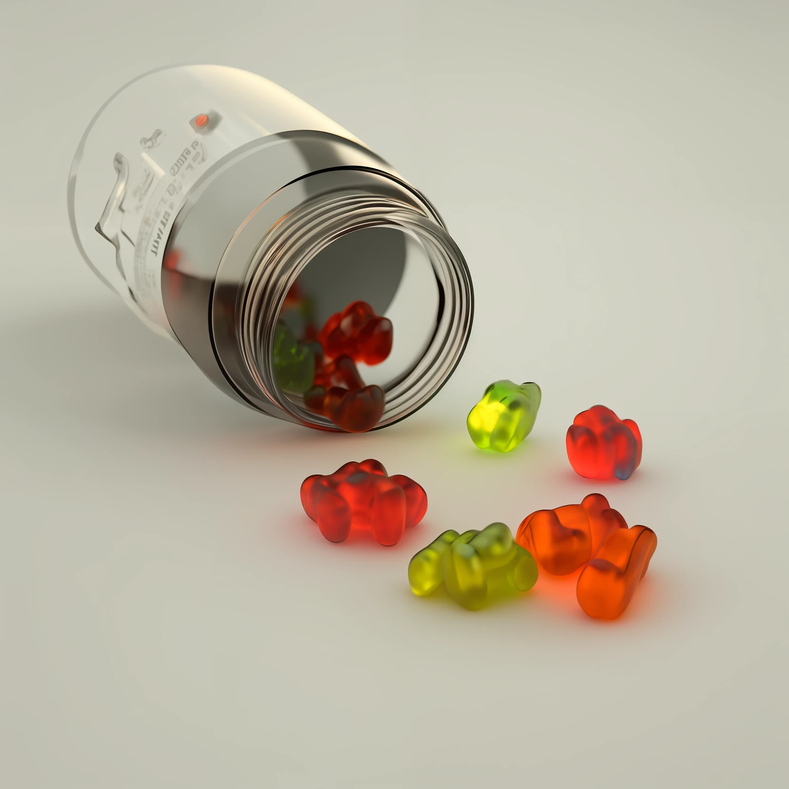 There was a bottle of gummy bears spilling out, Product rendering, 3 d product render, cinema 4d colorful render, octanerender 3 d, Gummies, cinema 4d render, cinema4d render, cinema 4 d render, , octanerender, drug, photo realistic render, soft 3d render