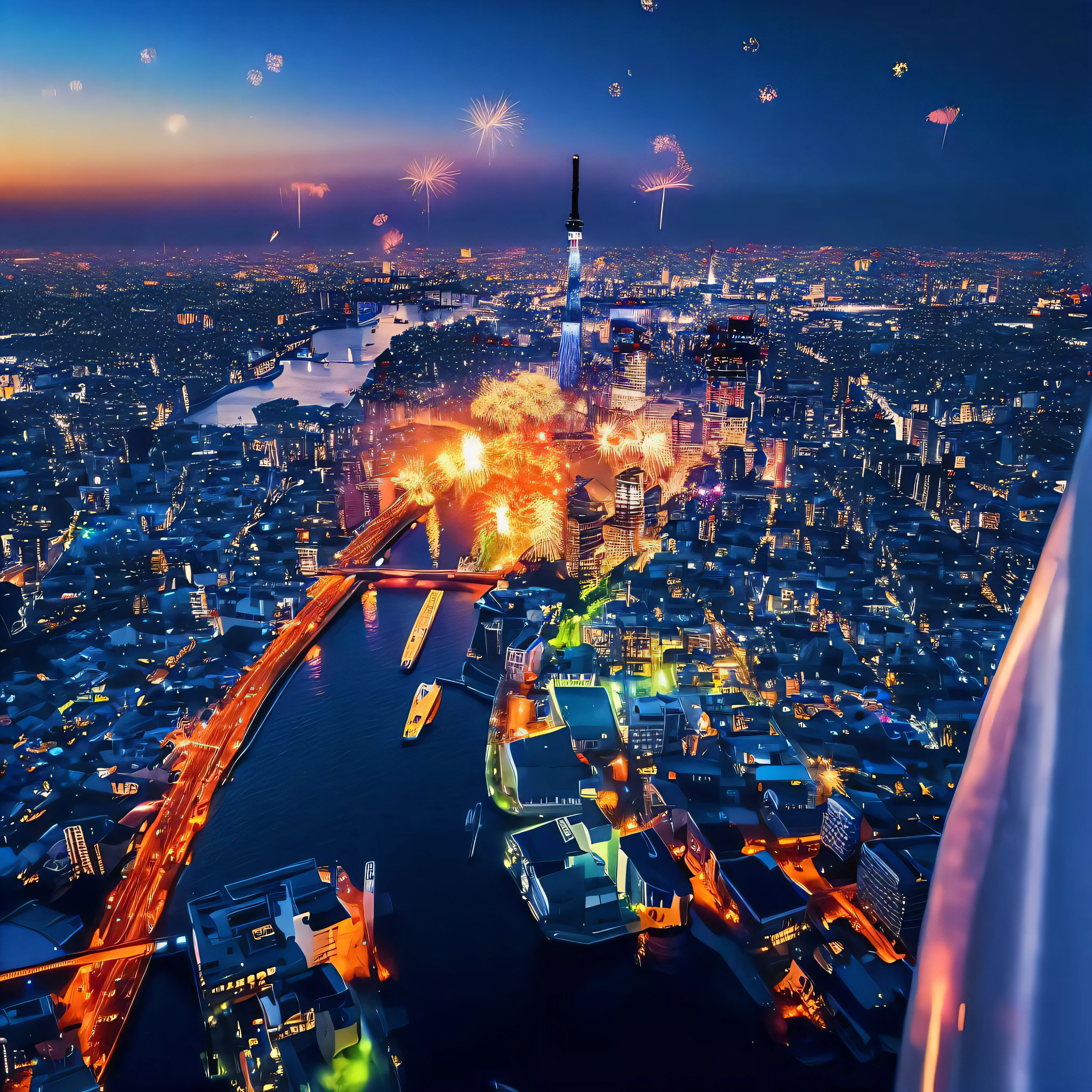 an aerial view from a helicopter flying over Tokyo at dusk. The cityscape is illuminated by the vibrant colors of the Sumida River Fireworks Festival. The fireworks are bursting in a myriad of shapes and colors, reflecting off the river below. The Tokyo Skytree is visible in the background, standing tall against the twilight sky. The helicopter's interior is subtly lit, with a focus on the outside view. The image should convey the excitement and awe of this unique perspective.