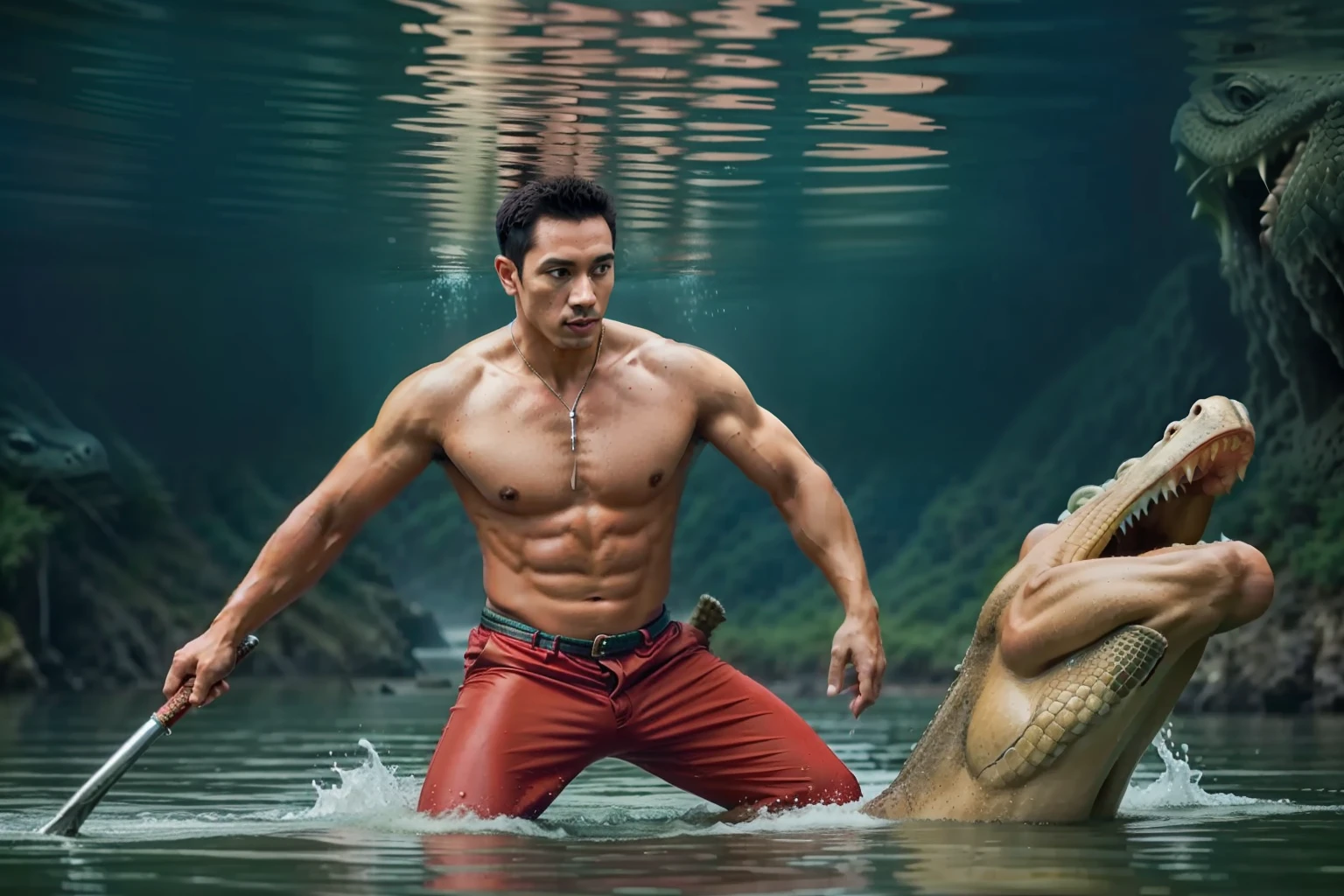 There was a man holding a spear wearing red pants fighting a very giant crocodile in the water....., Stunning action photography, crocodile god lair, Crocodile Loki, Creative Image Management, Photo management, crocodile. shaman., by Rudy Siswanto, by Aleksander Gierymski, As a reptile warrior, Atlantic Ocean., Photoshop Water Management, By Ignacio Zuloaga, Amazing shots.....