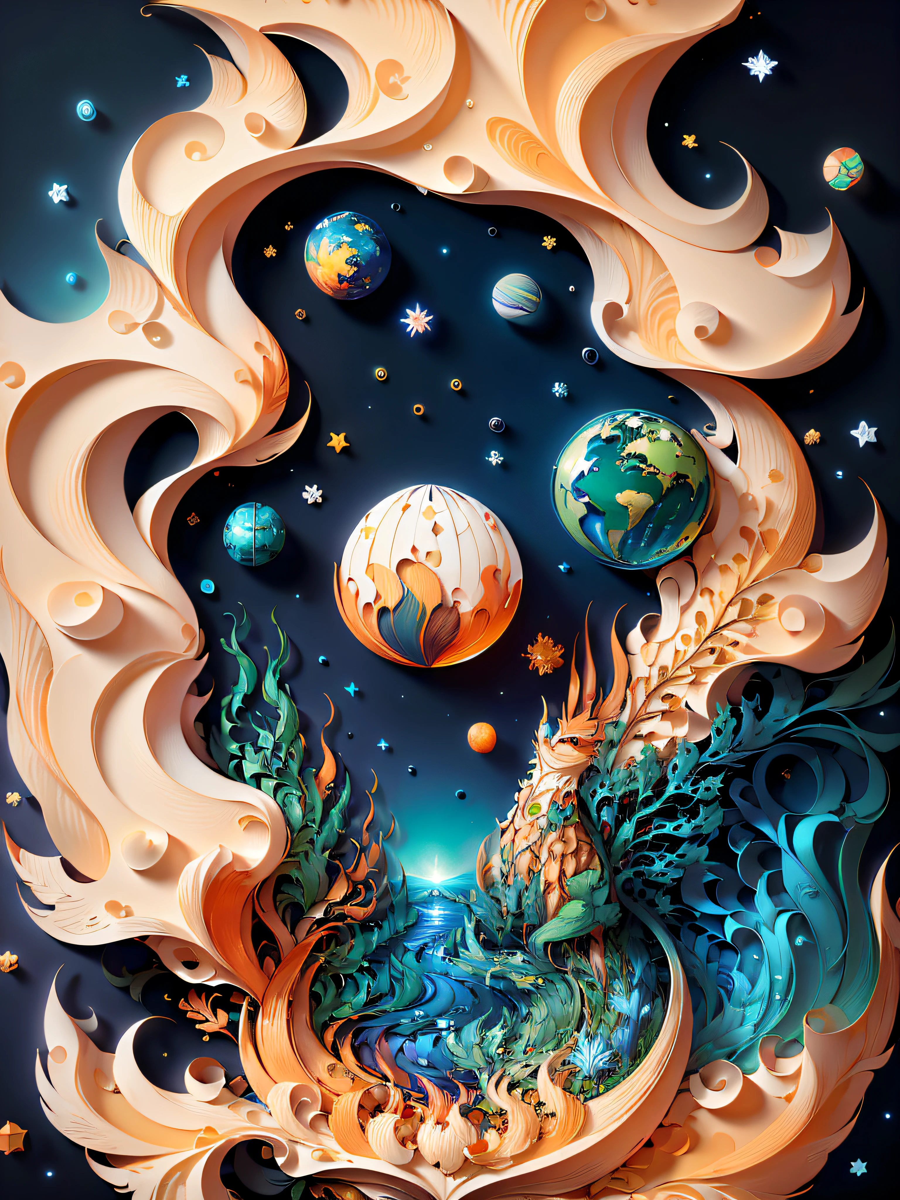 (((Masterpiece))), Best quality, illustration, earth, water, Fire, Wind, space, Paper_cut,, geometric shapes, shades of orange and green, carnivorous plant