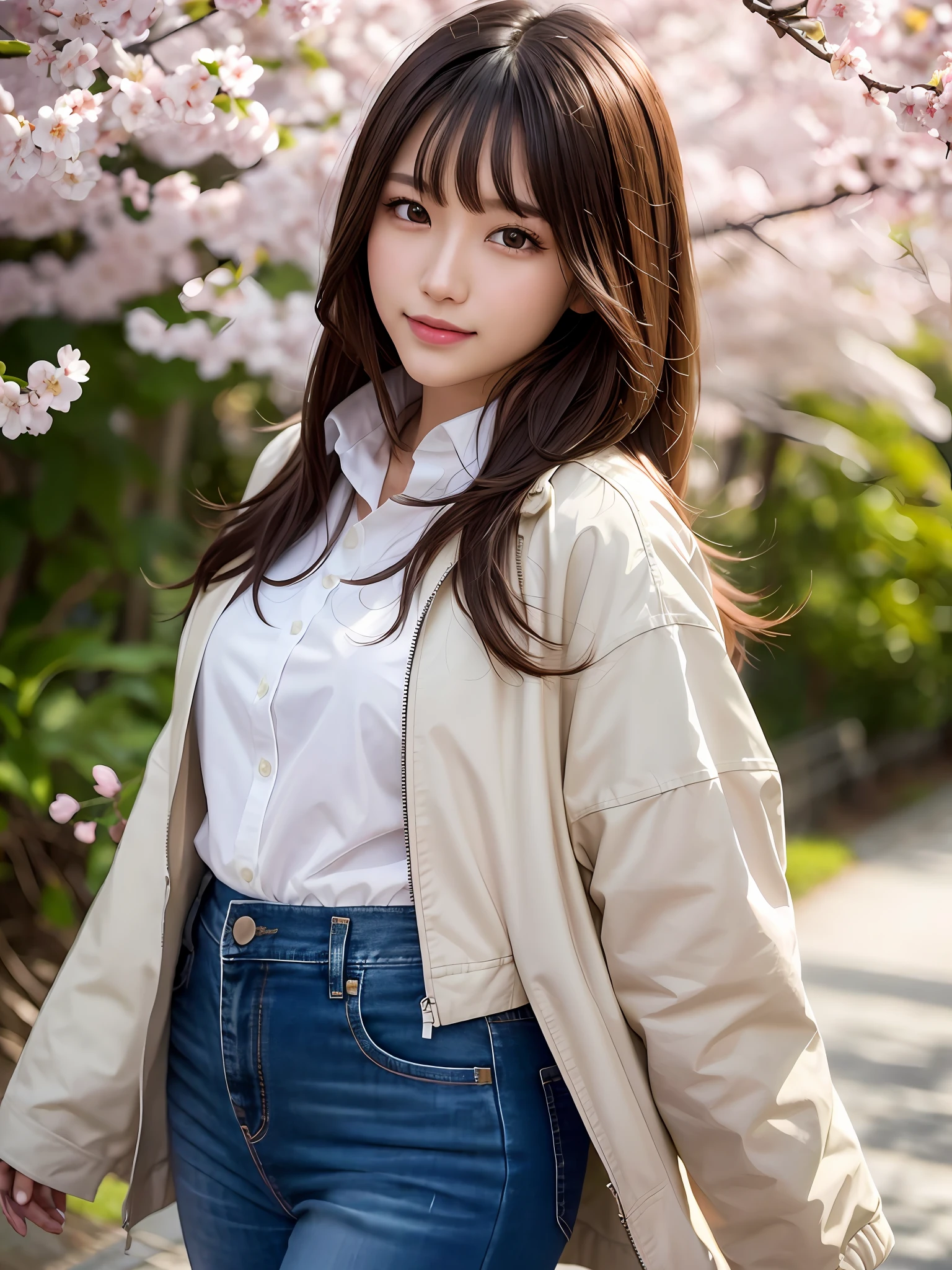 mastepiece, 1 girl per 1 photo, cowboy shot, front view, a Japanese young pretty girl, long bob hair, walking on cherry blossom tree-lined avenue in Japan, a big smile, wearing a white down nylon jacket over a light pink shirt with collared, wearing denim pants, hyper cute face, glossy lips, double eyelids for both eyes, natural makeup, shiny smooth light brown hair of long bob hair, asymmetrical bangs, tanned skin, central image, 8K resolution, high detail, detailed hairstyle, detailed face, cinematic lighting, octane rendering, hyper realistic, perfect limbs, perfect anatomy