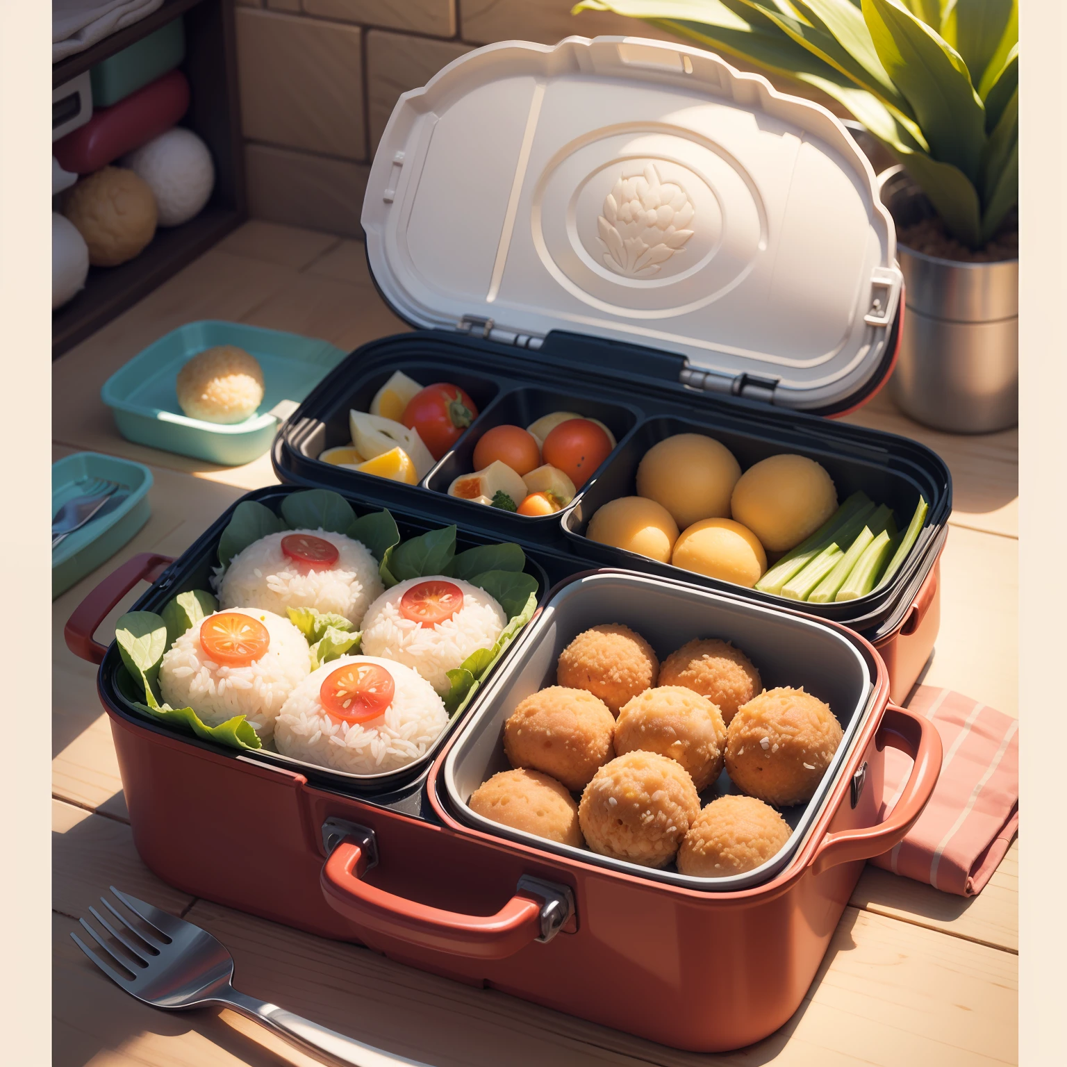 The style is that of a fairy tale illustration,I will make lunch boxes for the children,I pack colorful vegetables and rice balls
