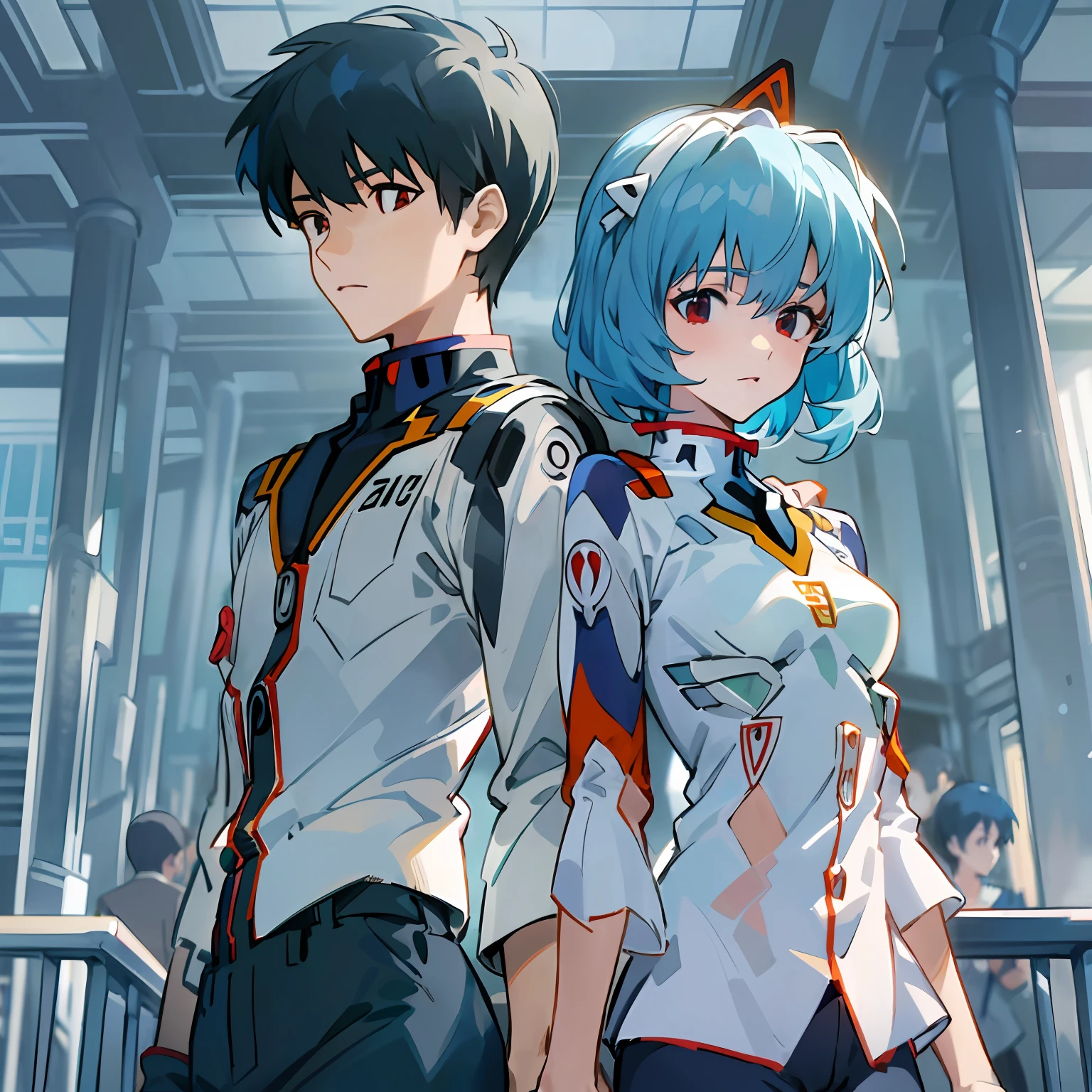 (校服),Student Couple,Rei Ayanami(Bluehair Very Shorthair、red eyes、Evangelion's blue uniform),Shinji Ikari(Black hair、Black eyes、Uniform with white top and black pants),Couples without height difference,Scene of holding hands