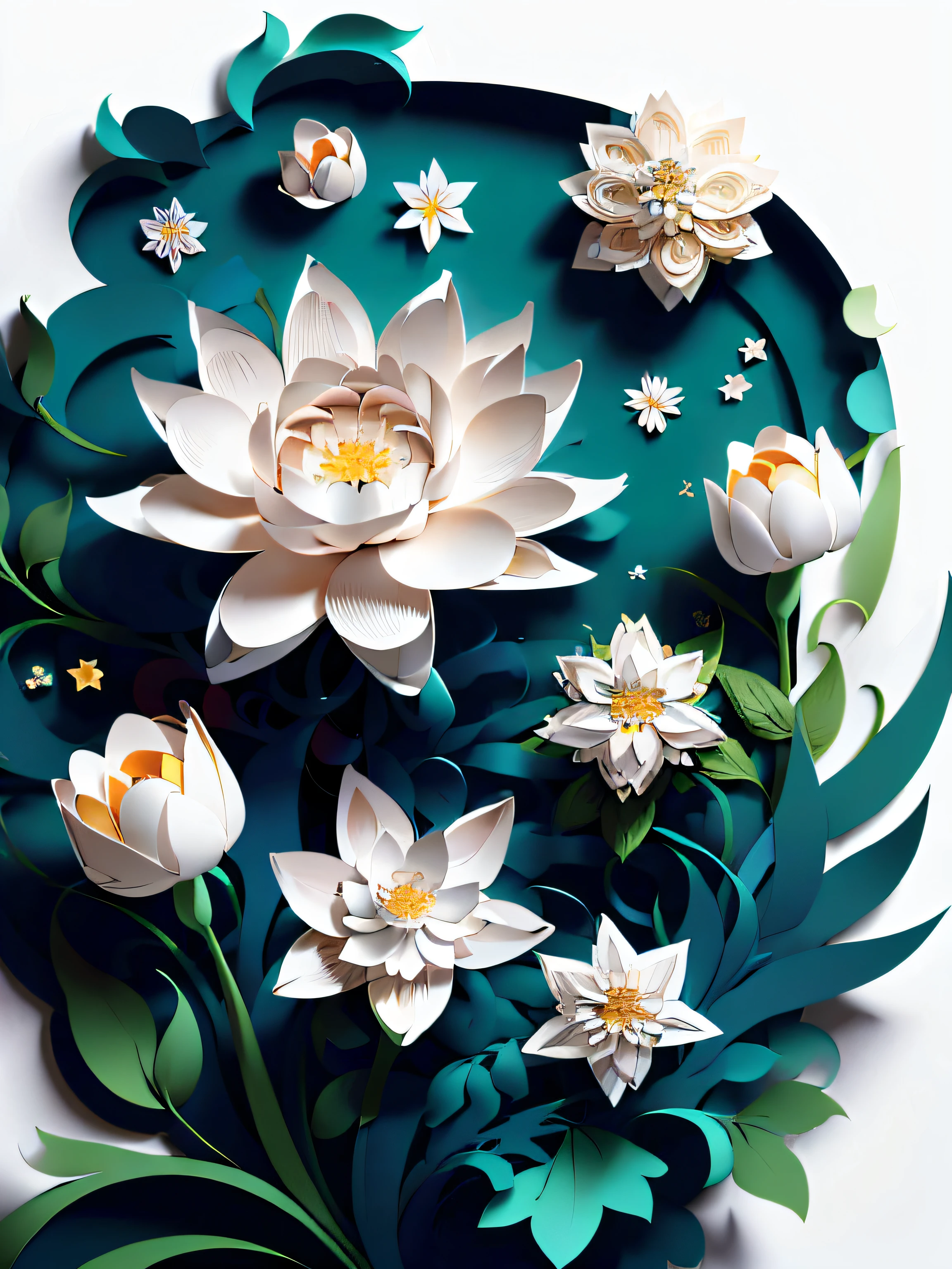 (((masterpiece))),best quality, illustration,beautiful detailed glow, flowers,white background, paper_cut,